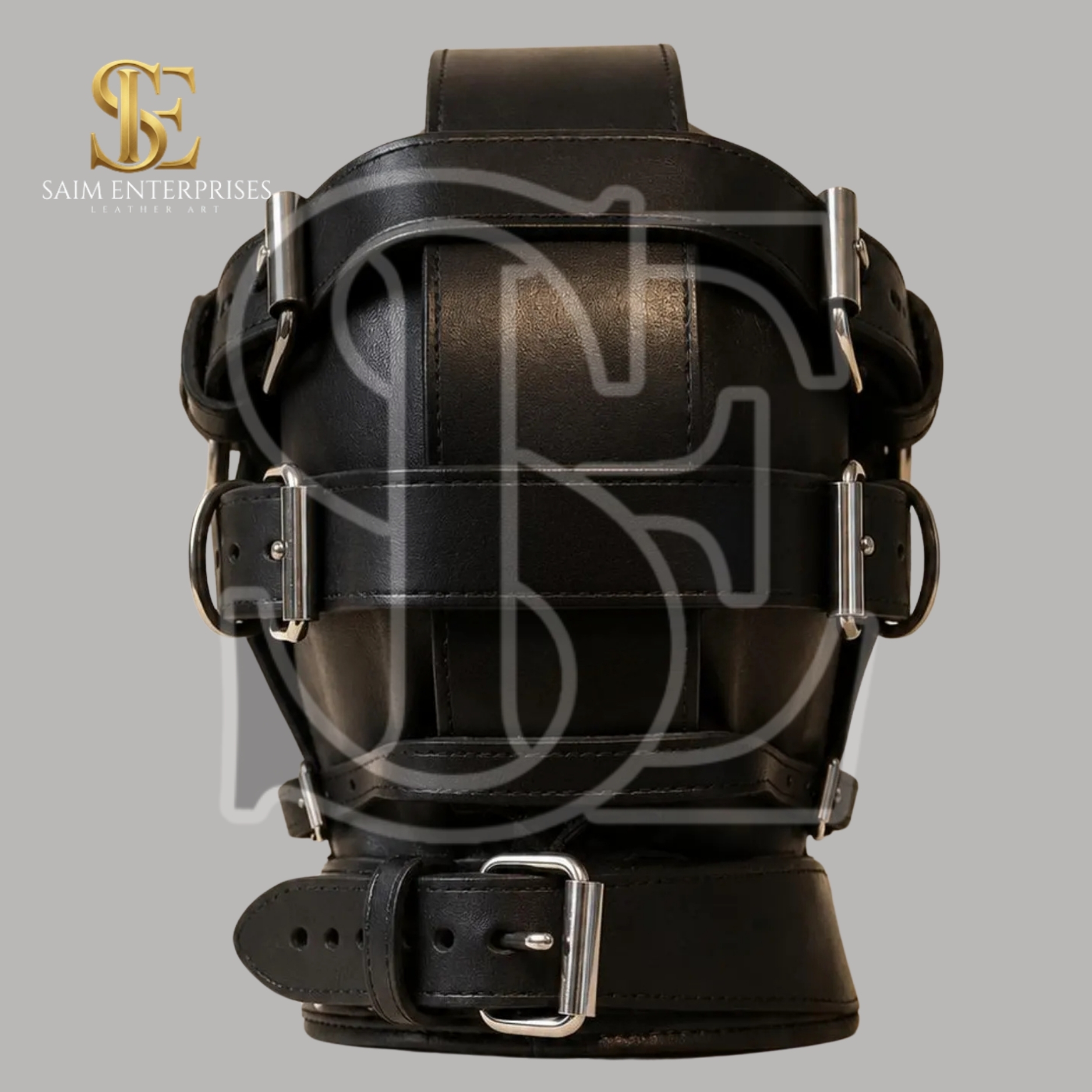 Black Leather BDSM Studded Gothic Bondage Hood - Image 5