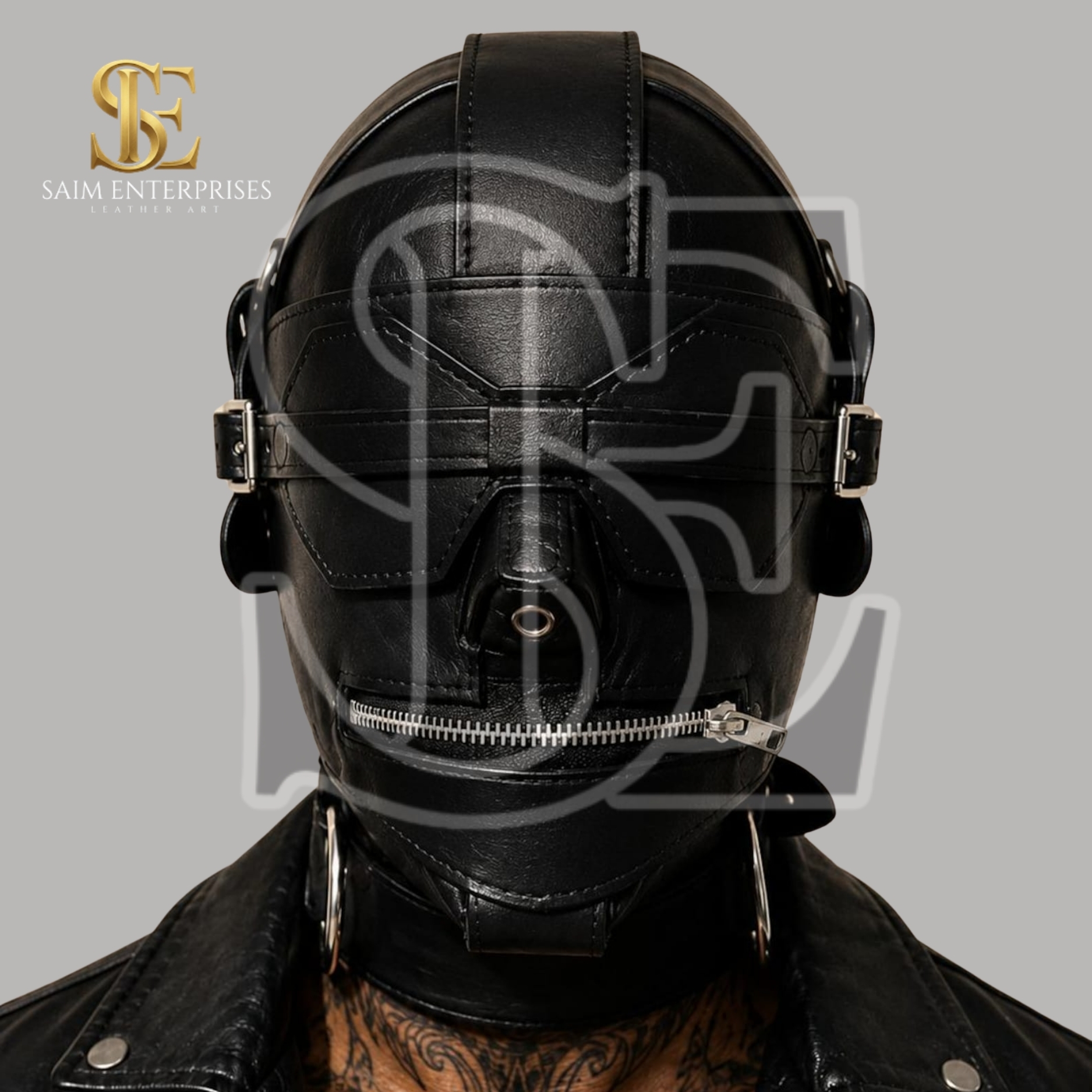 Black Leather BDSM Studded Gothic Bondage Hood