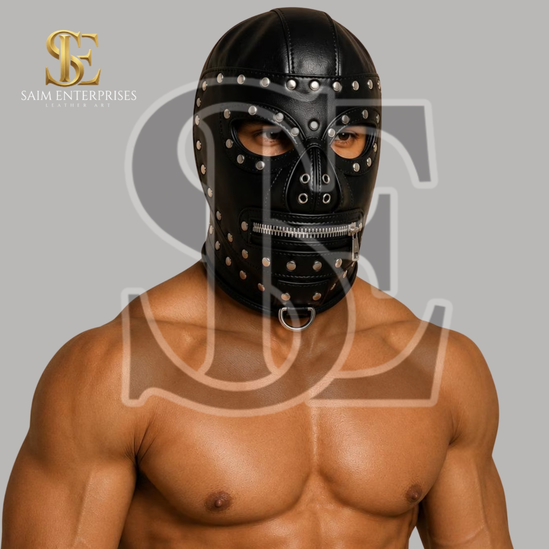 Studded Leather BDSM Gothic Zipper Bondage Hood Mask