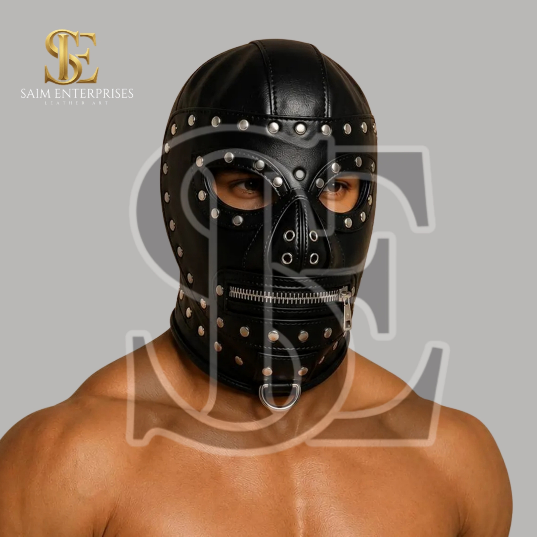 Studded Leather BDSM Gothic Zipper Bondage Hood Mask - Image 2