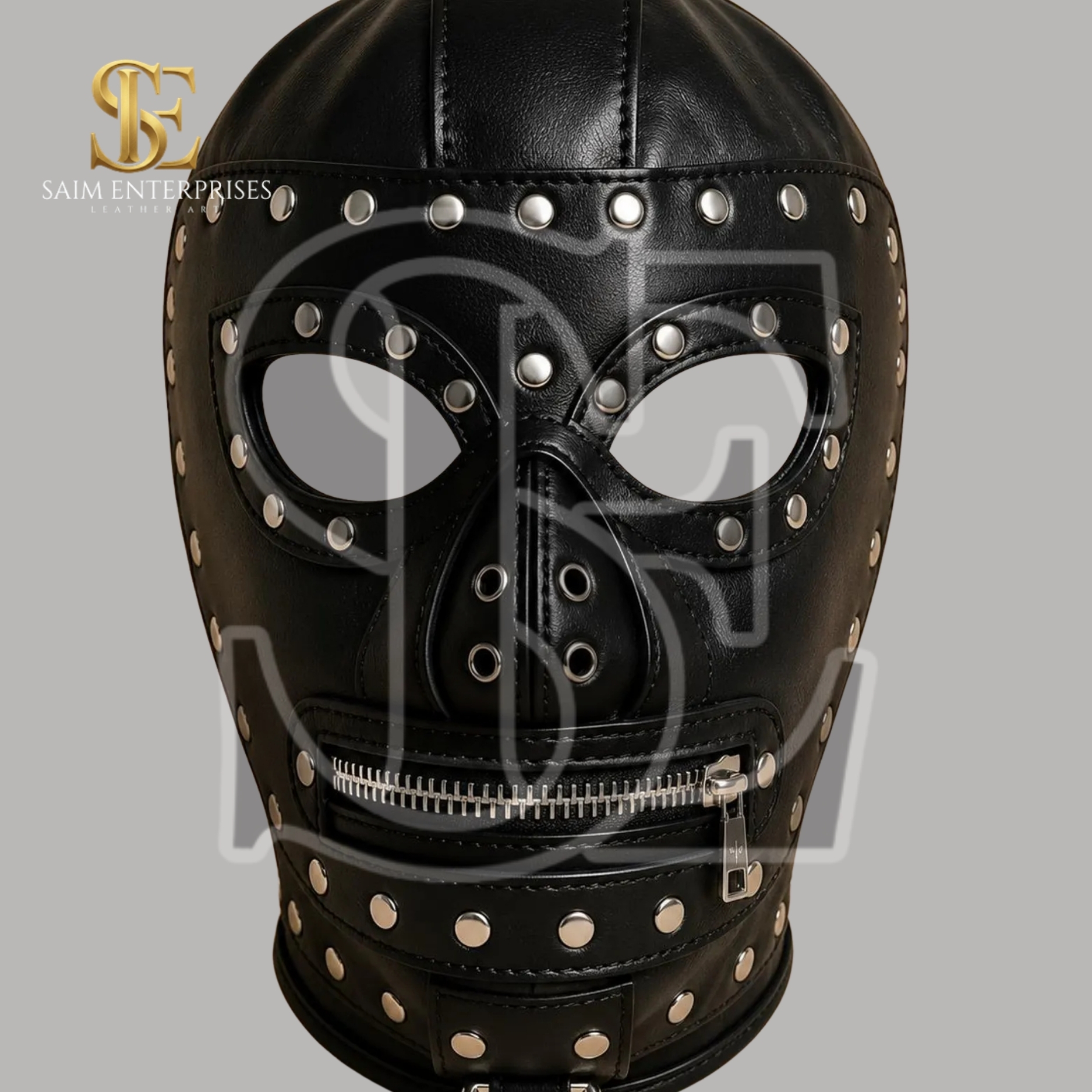 Studded Leather BDSM Gothic Zipper Bondage Hood Mask - Image 3