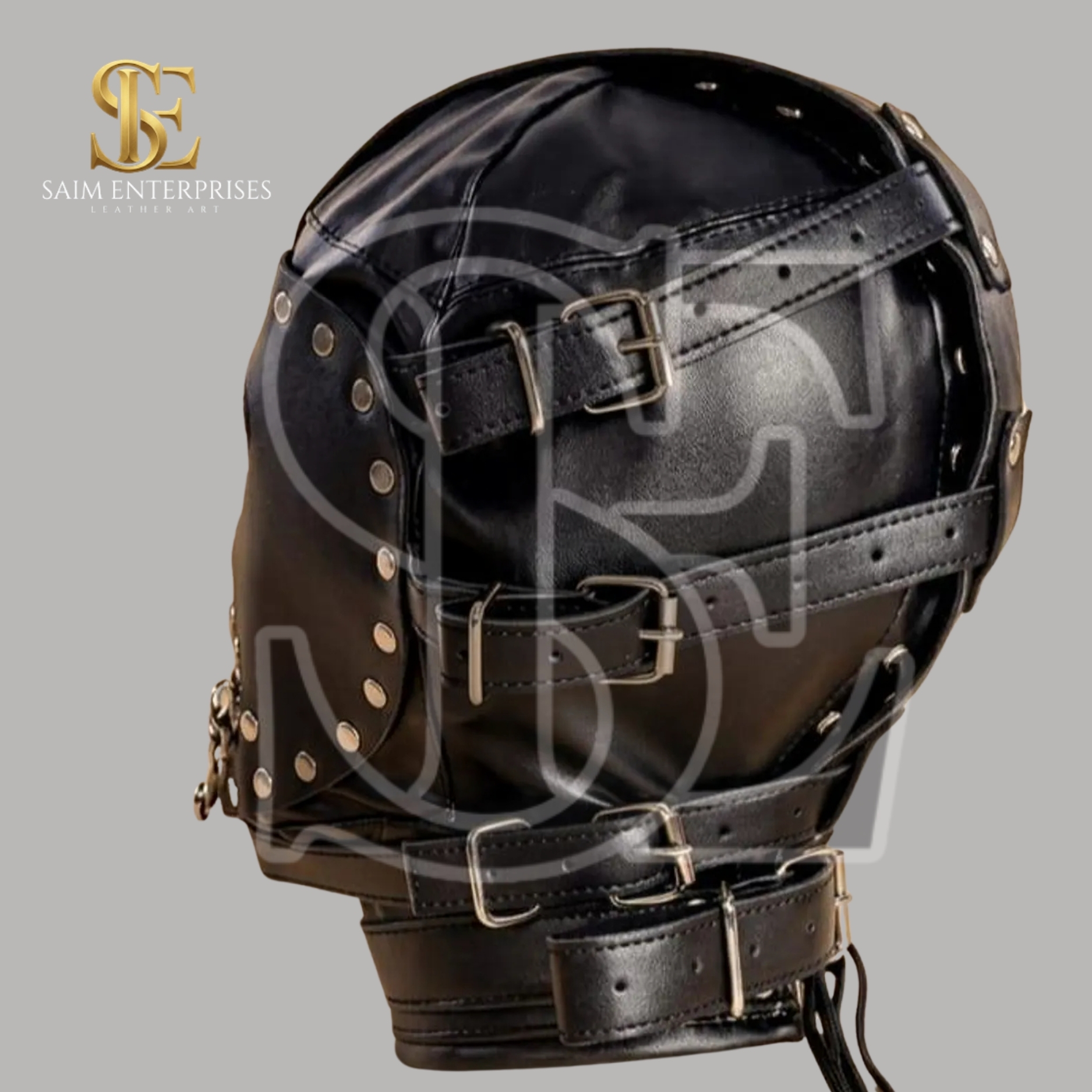 Studded Leather BDSM Gothic Zipper Bondage Hood Mask - Image 4