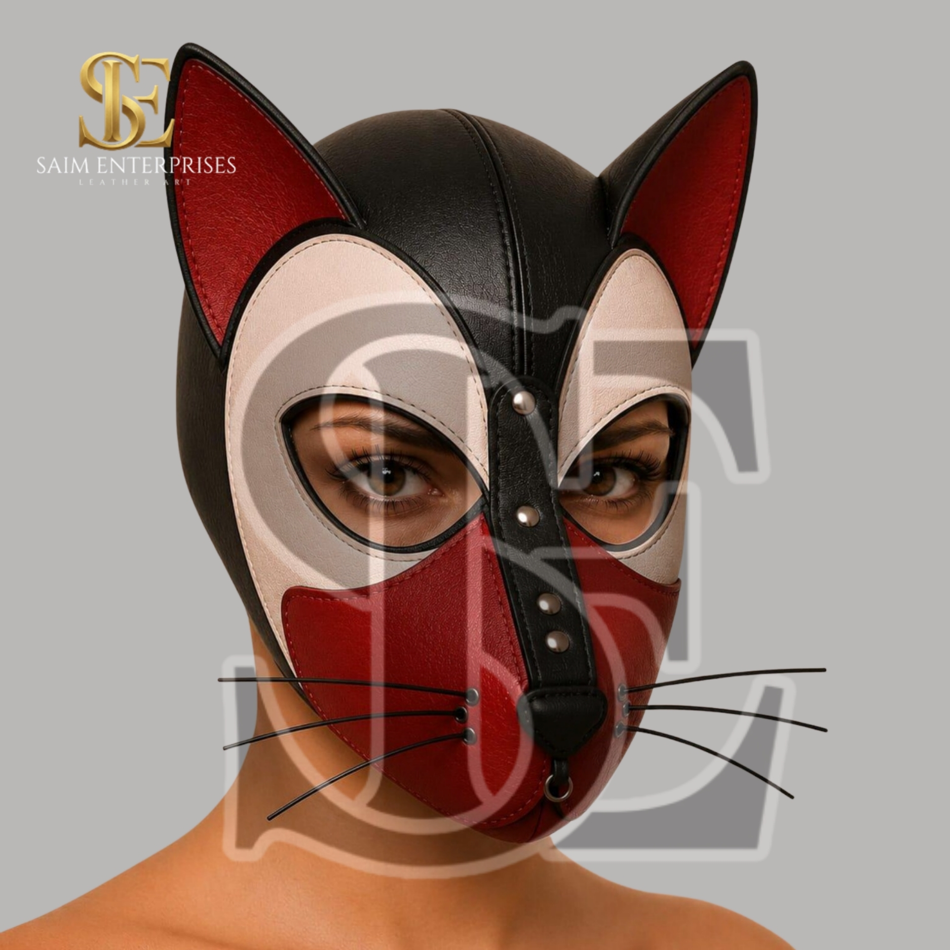 Leather Lace-Up Back BDSM Kitty Bondage Hood Mask - Image 6