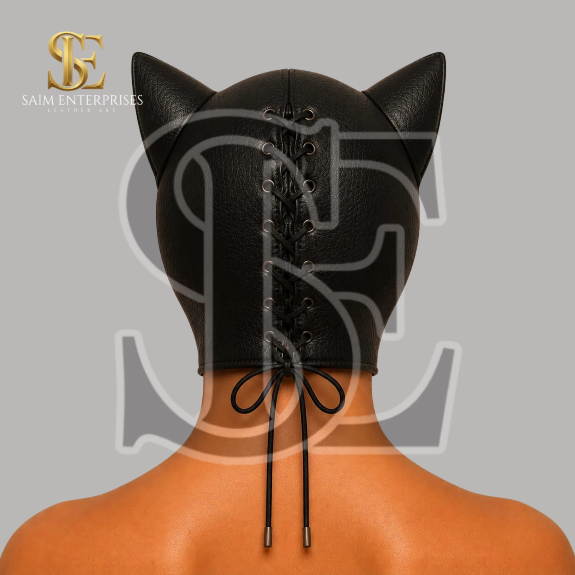 Leather Lace-Up Back BDSM Kitty Bondage Hood Mask - Image 4