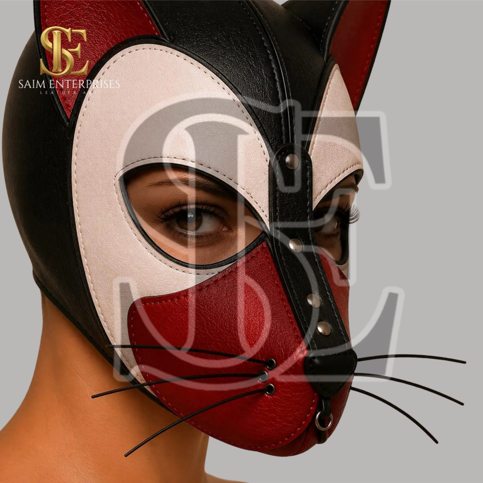 Leather Lace-Up Back BDSM Kitty Bondage Hood Mask - Image 5