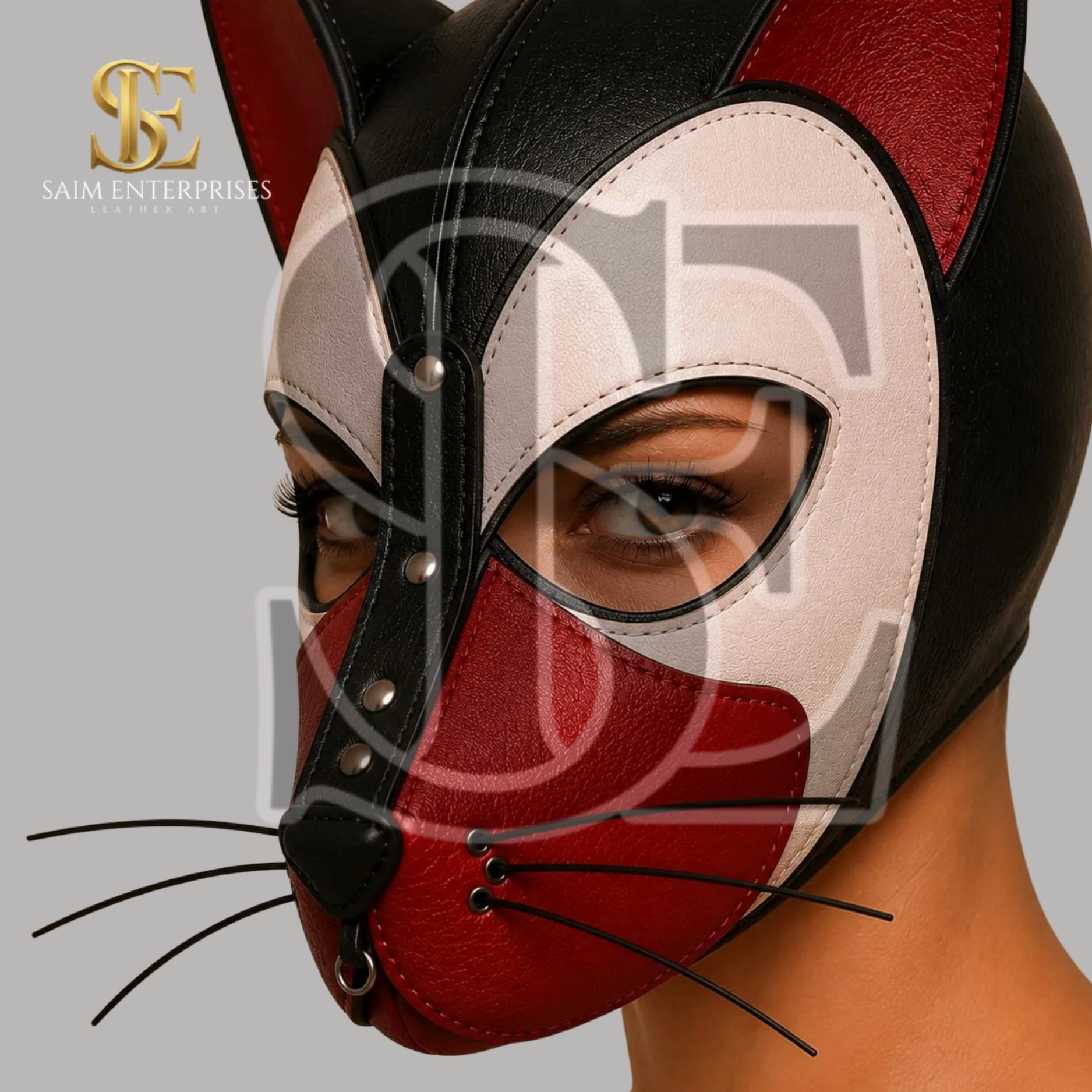 Leather Lace-Up Back BDSM Kitty Bondage Hood Mask - Image 3