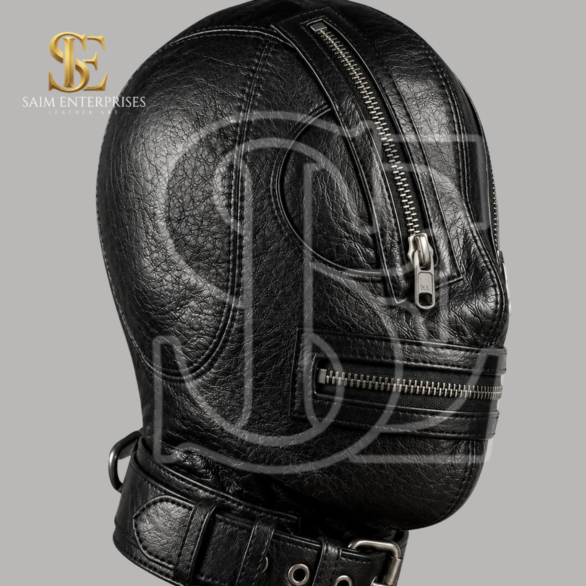 Black Leather BDSM Bondage Full Face Hood Mask - Image 2
