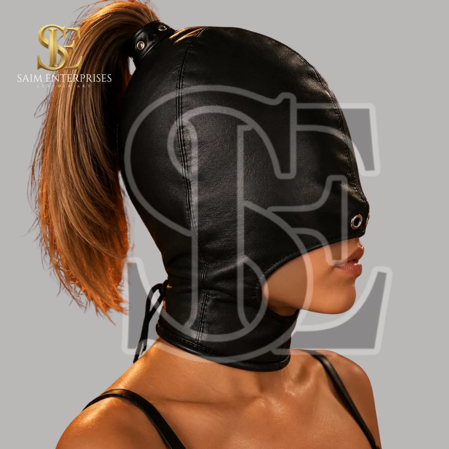 Custom Leather BDSM Bondage Full Face Hood Mask - Image 3