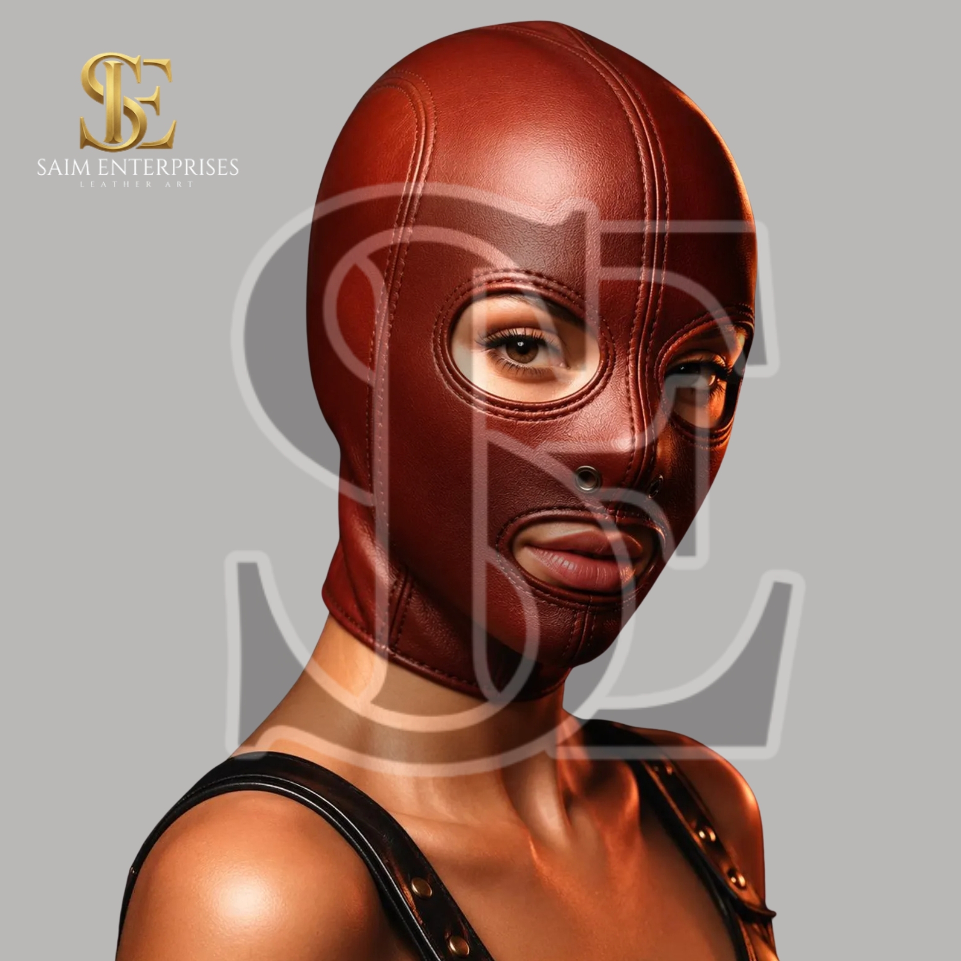 Red Leather BDSM Bondage Full Head Hood Mask - Image 2