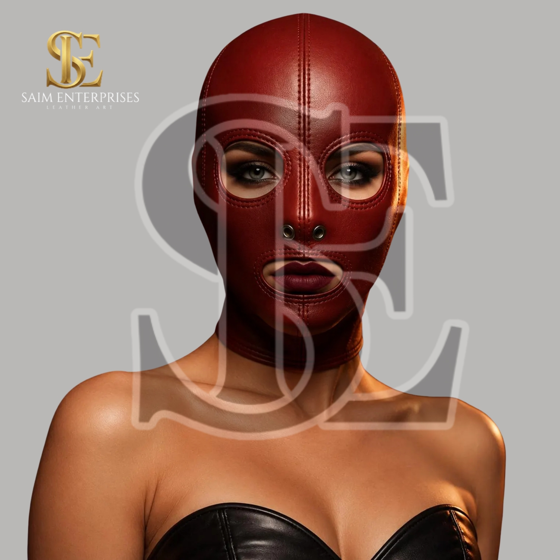 Red Leather BDSM Bondage Full Head Hood Mask