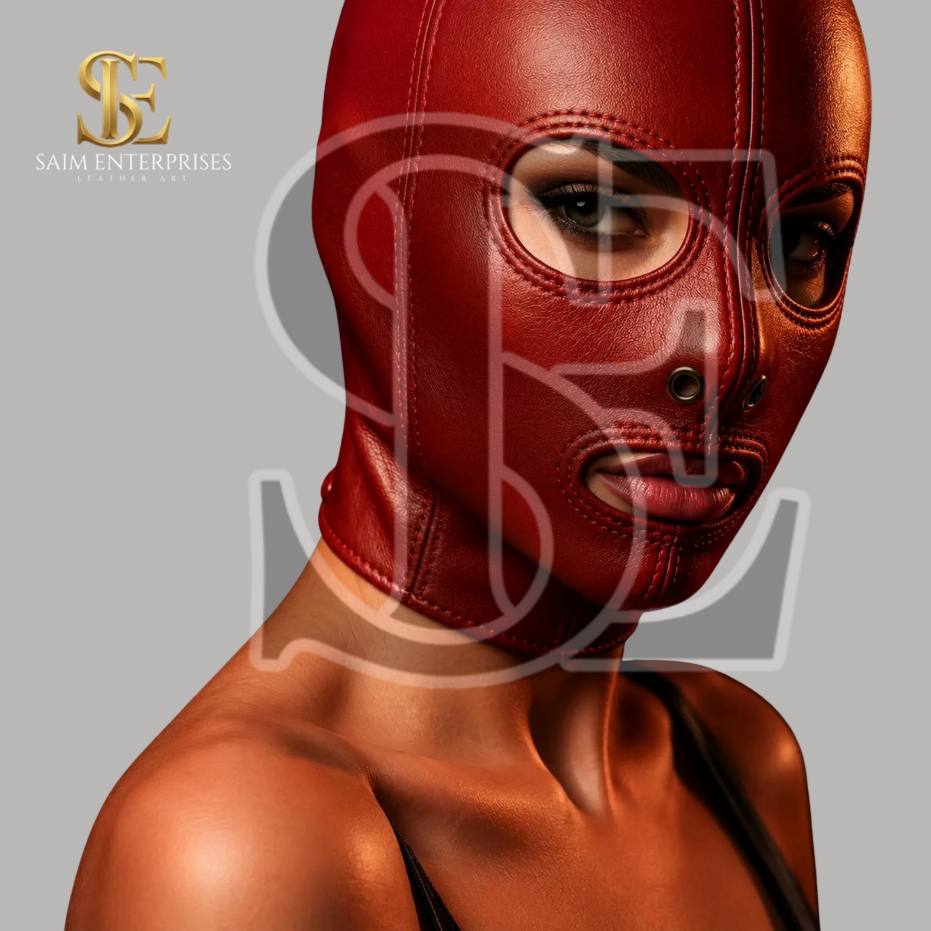 Red Leather BDSM Bondage Full Head Hood Mask - Image 4