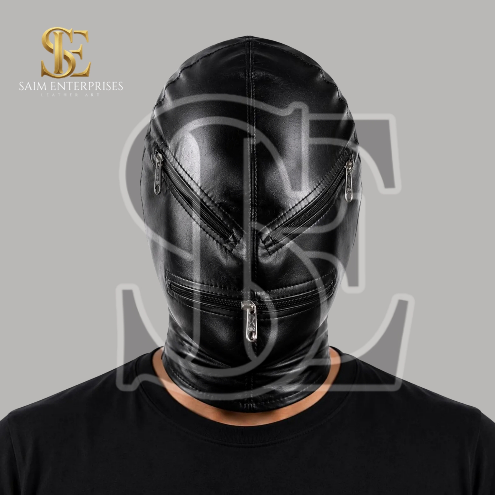 Black Leather BDSM Bondage Zipper Hood Mask