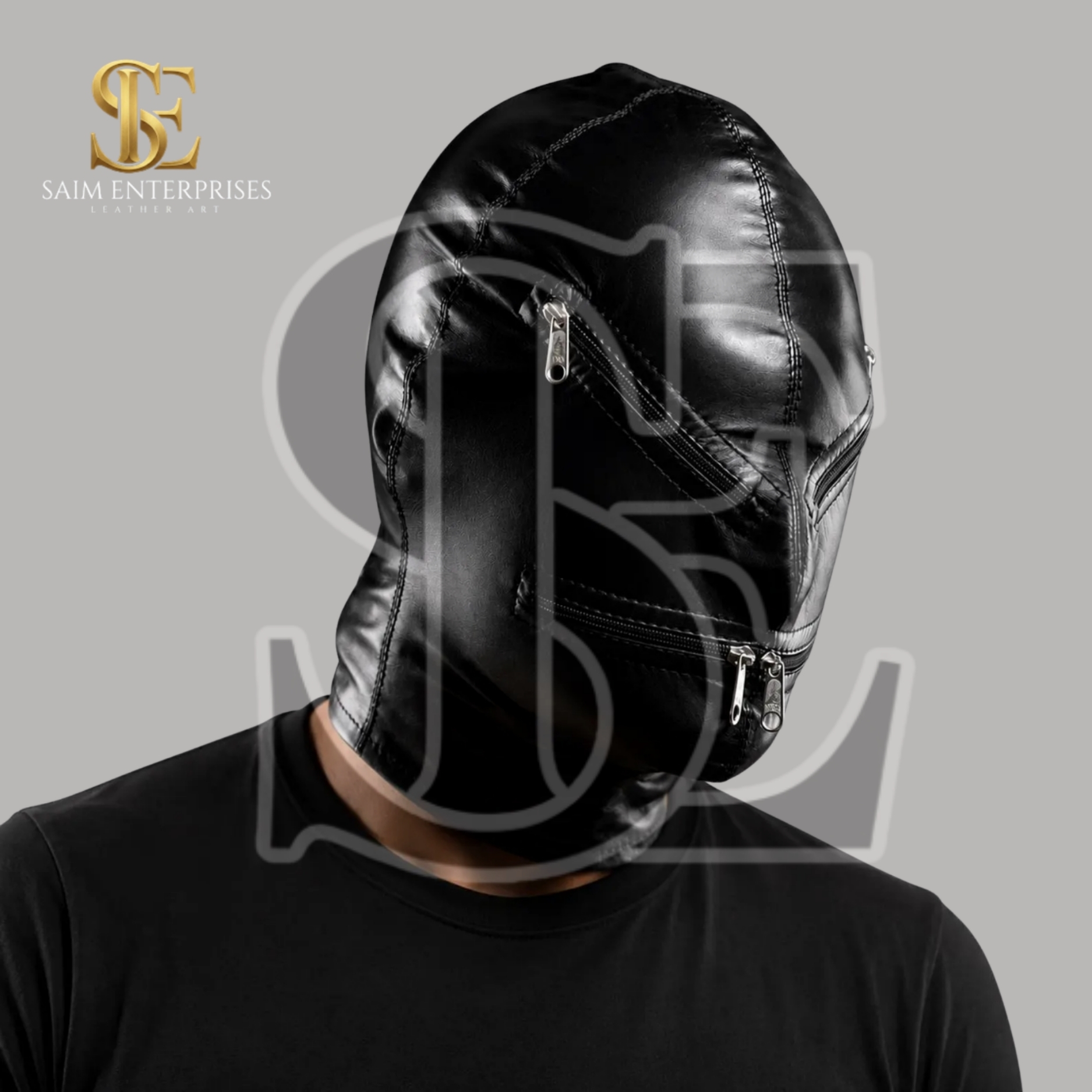 Black Leather BDSM Bondage Zipper Hood Mask - Image 2