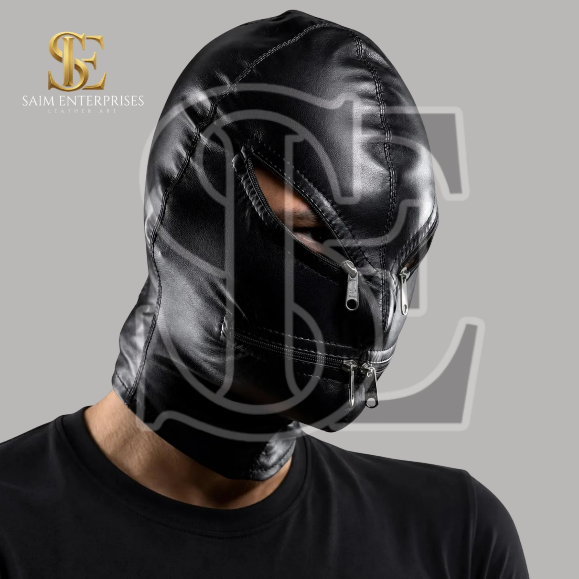 Black Leather BDSM Bondage Zipper Hood Mask - Image 4