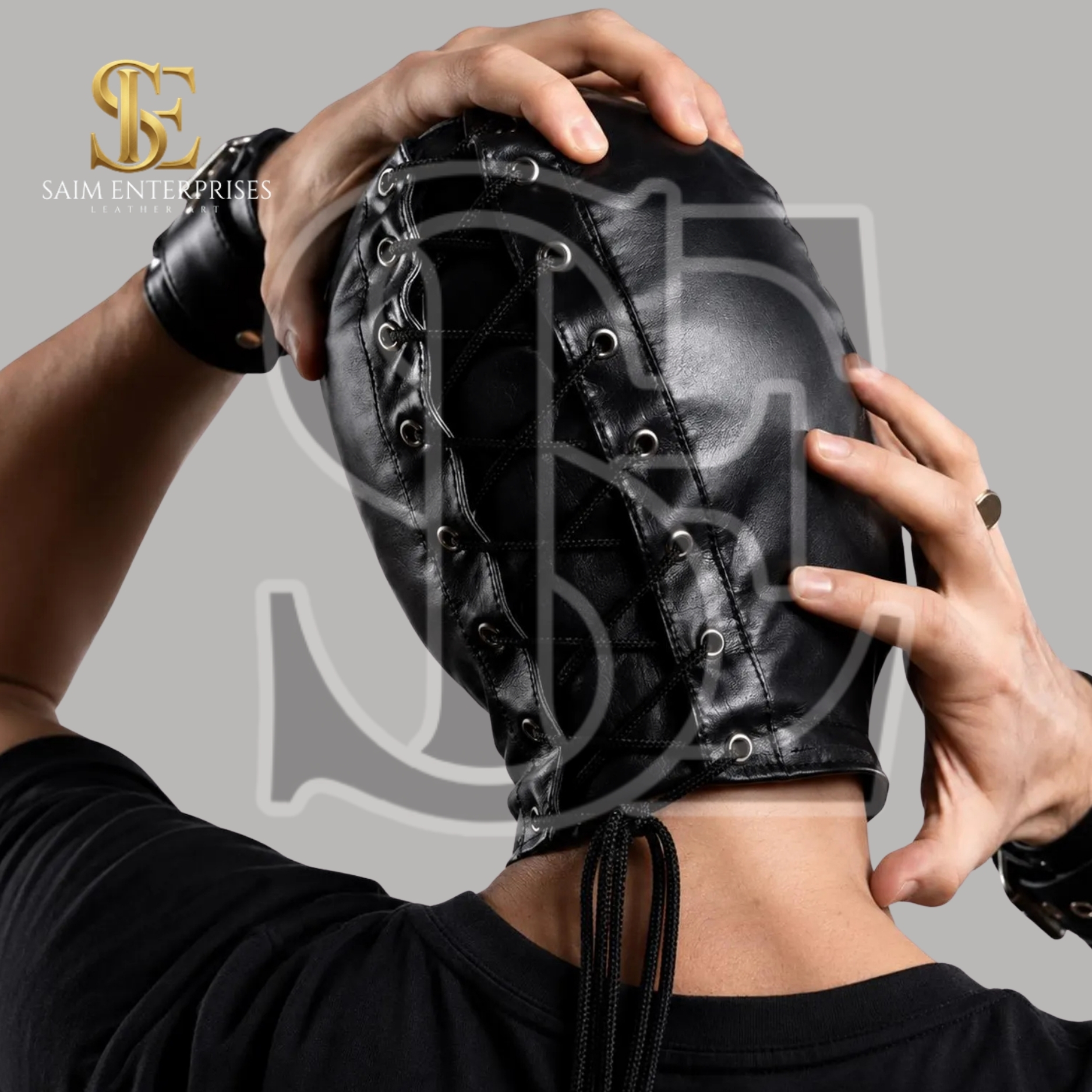 Black Leather BDSM Bondage Zipper Hood Mask - Image 3