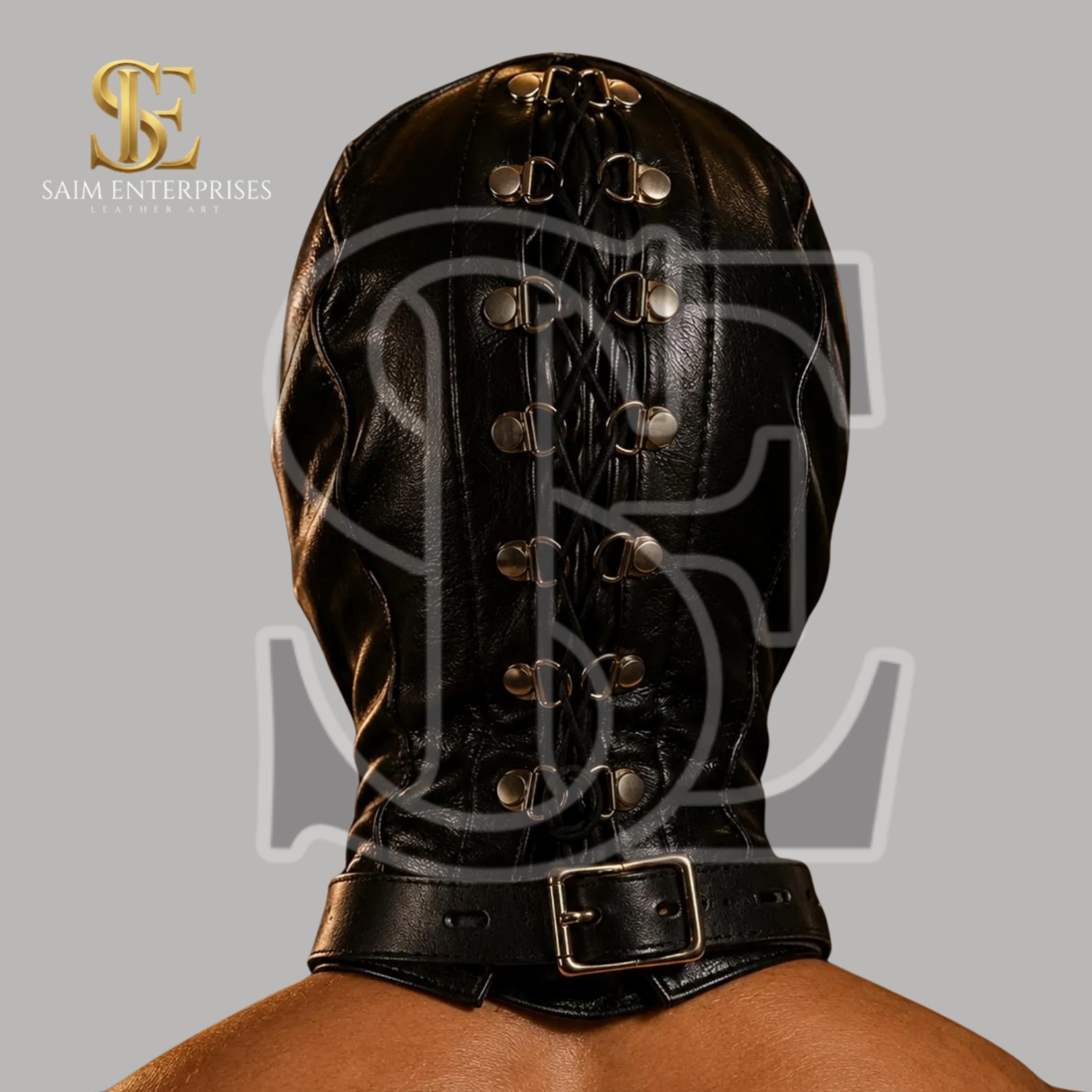 Black Leather BDSM D-Ring Collar Blackout Bondage Hood - Image 3