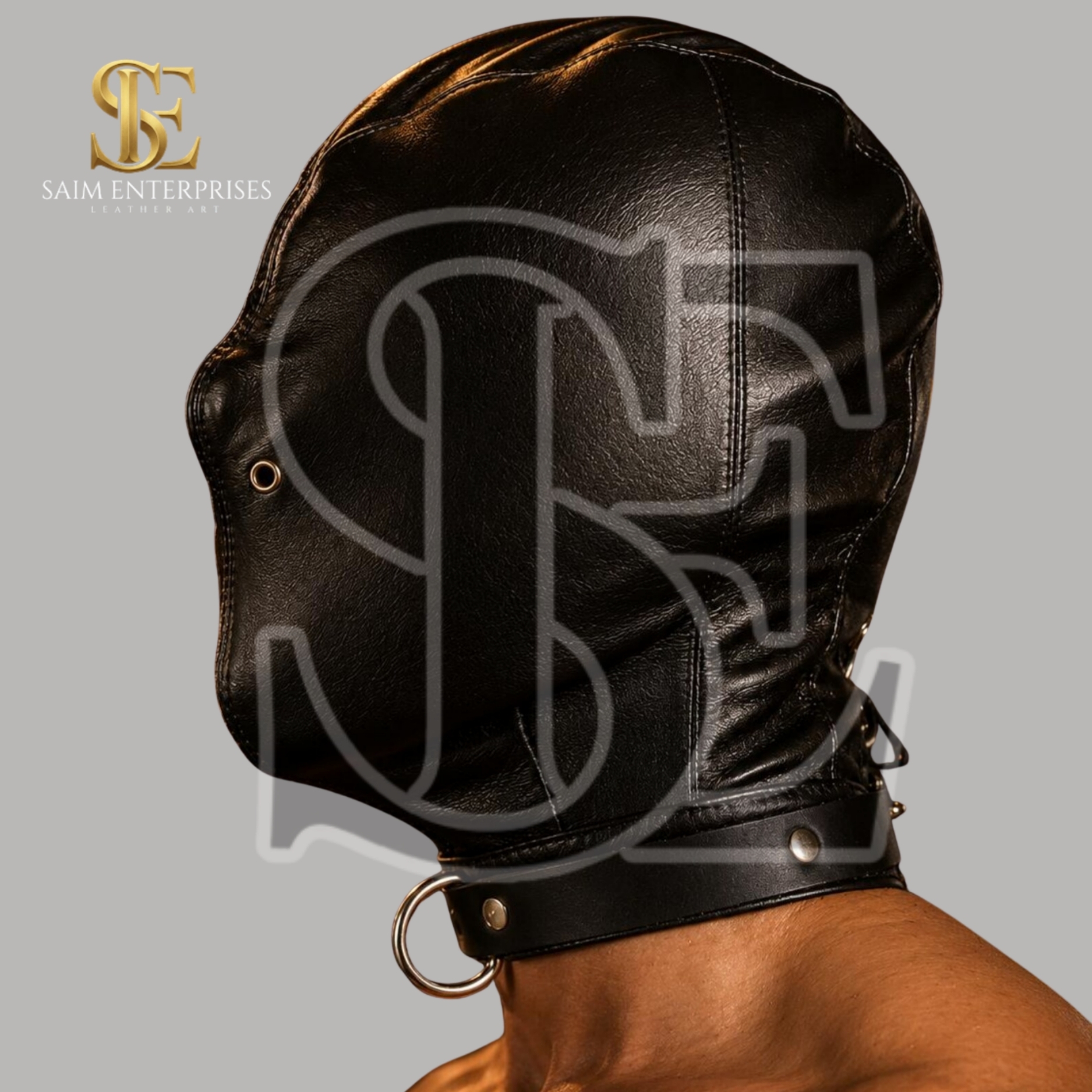 Black Leather BDSM D-Ring Collar Blackout Bondage Hood - Image 2