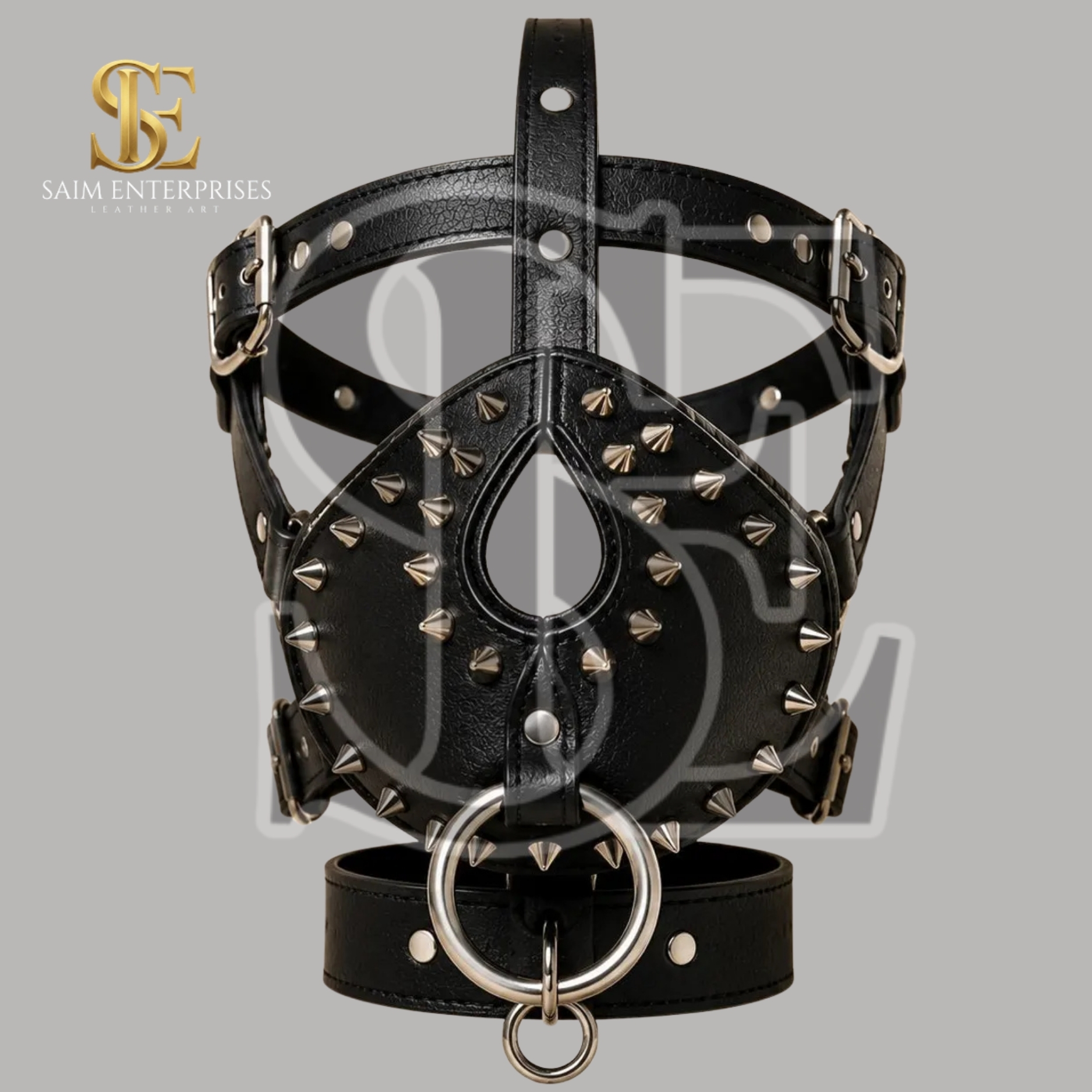 Spiked Leather BDSM Bondage Full Face Mask - Image 4