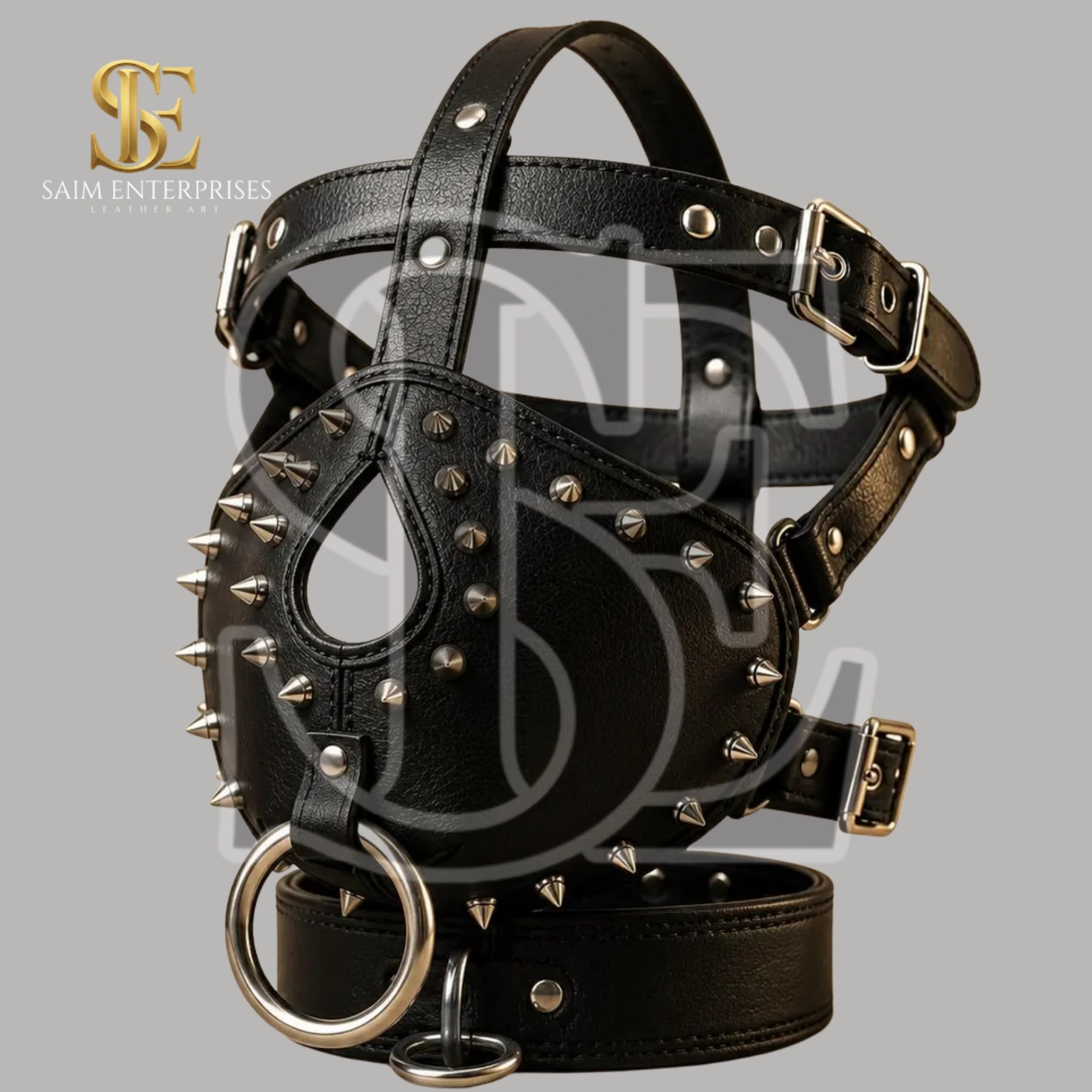 Spiked Leather BDSM Bondage Full Face Mask - Image 2