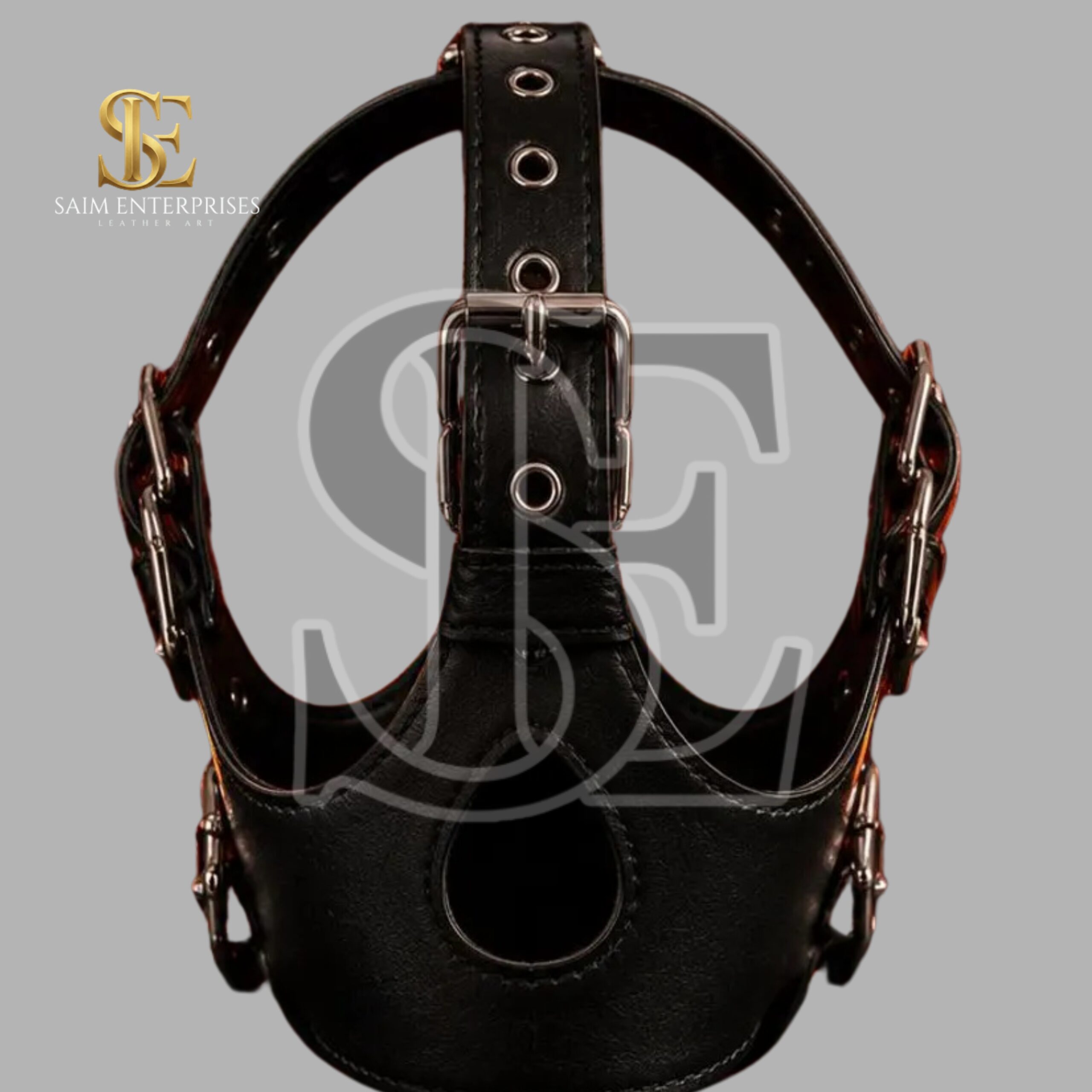 Black Leather BDSM Studded O-Ring Gag Bondage Hood - Image 5