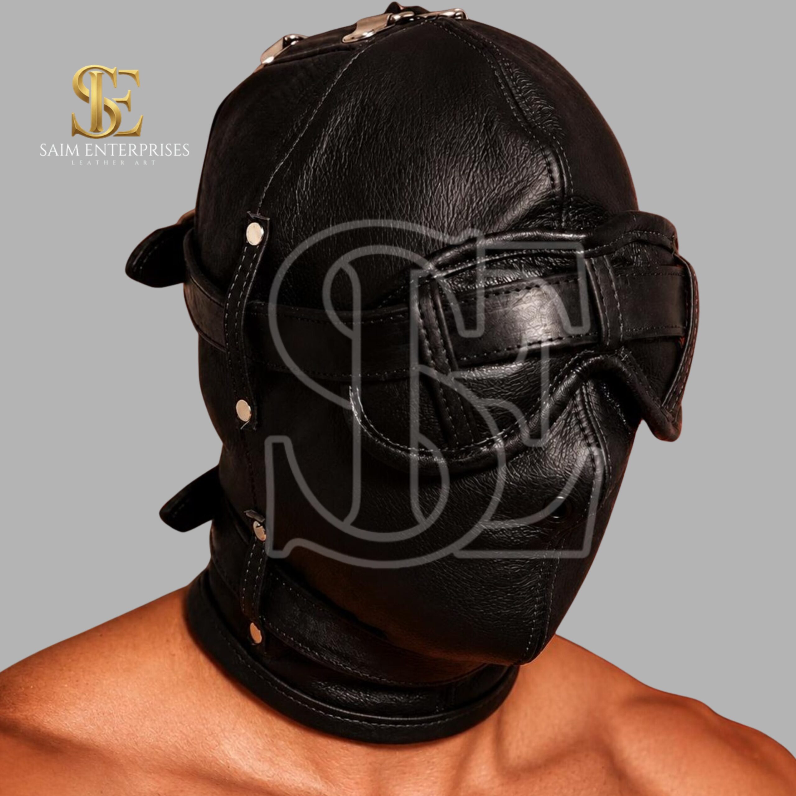 Black Leather BDSM Bondage Goggle Hood