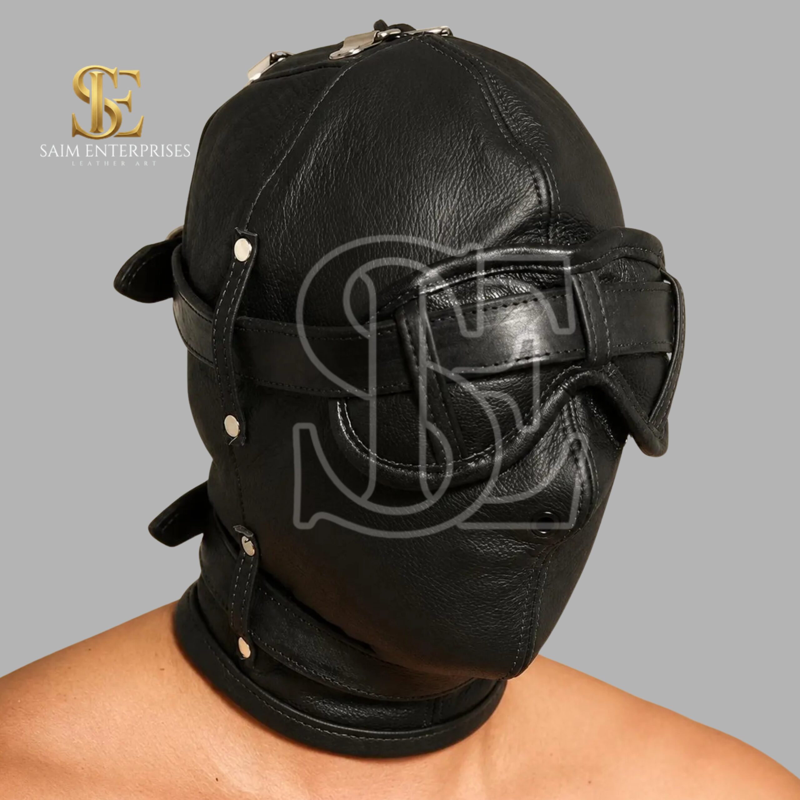 Black Leather BDSM Bondage Goggle Hood - Image 2