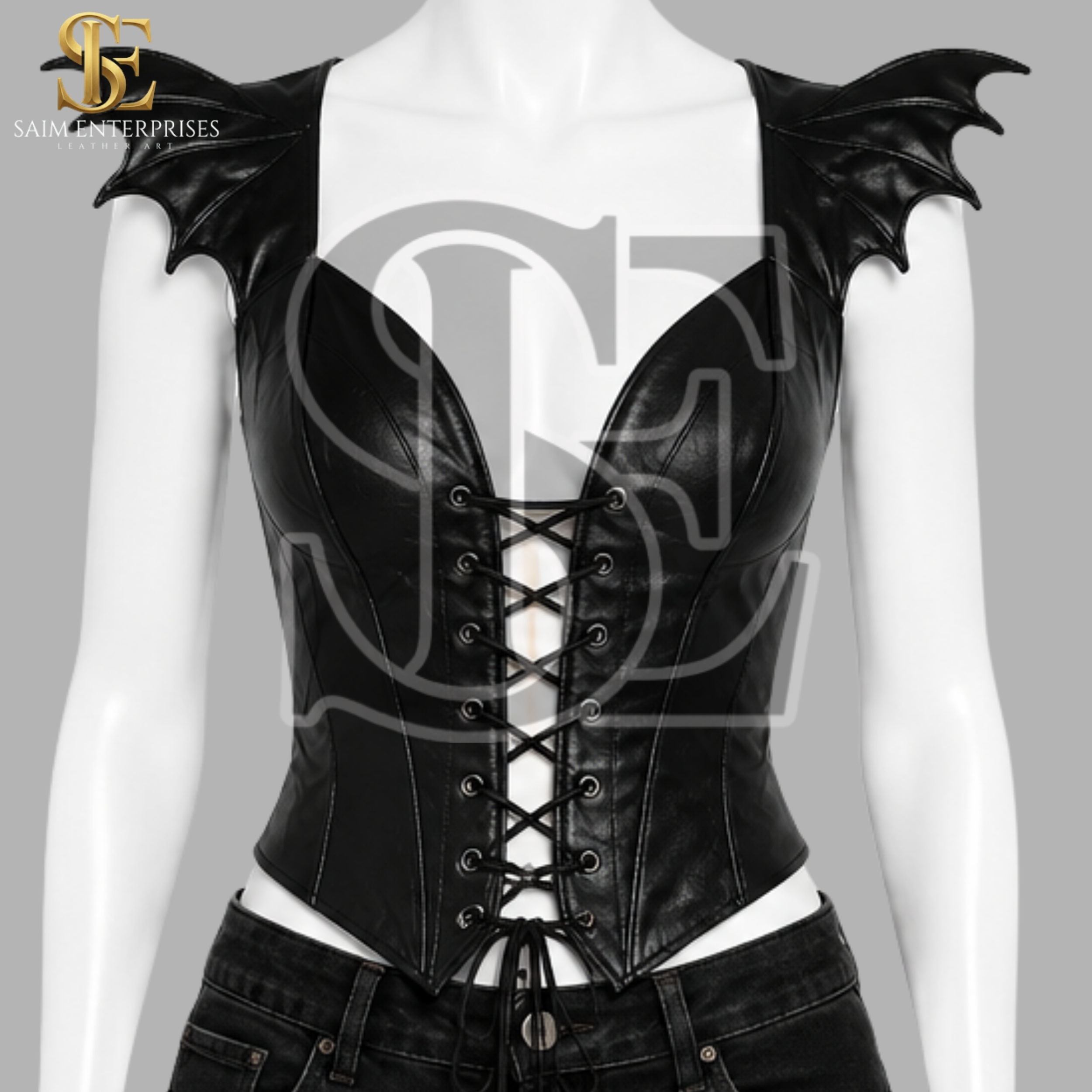 Women’s Black Sheep Leather Gothic Bat Wing Corset - Image 5