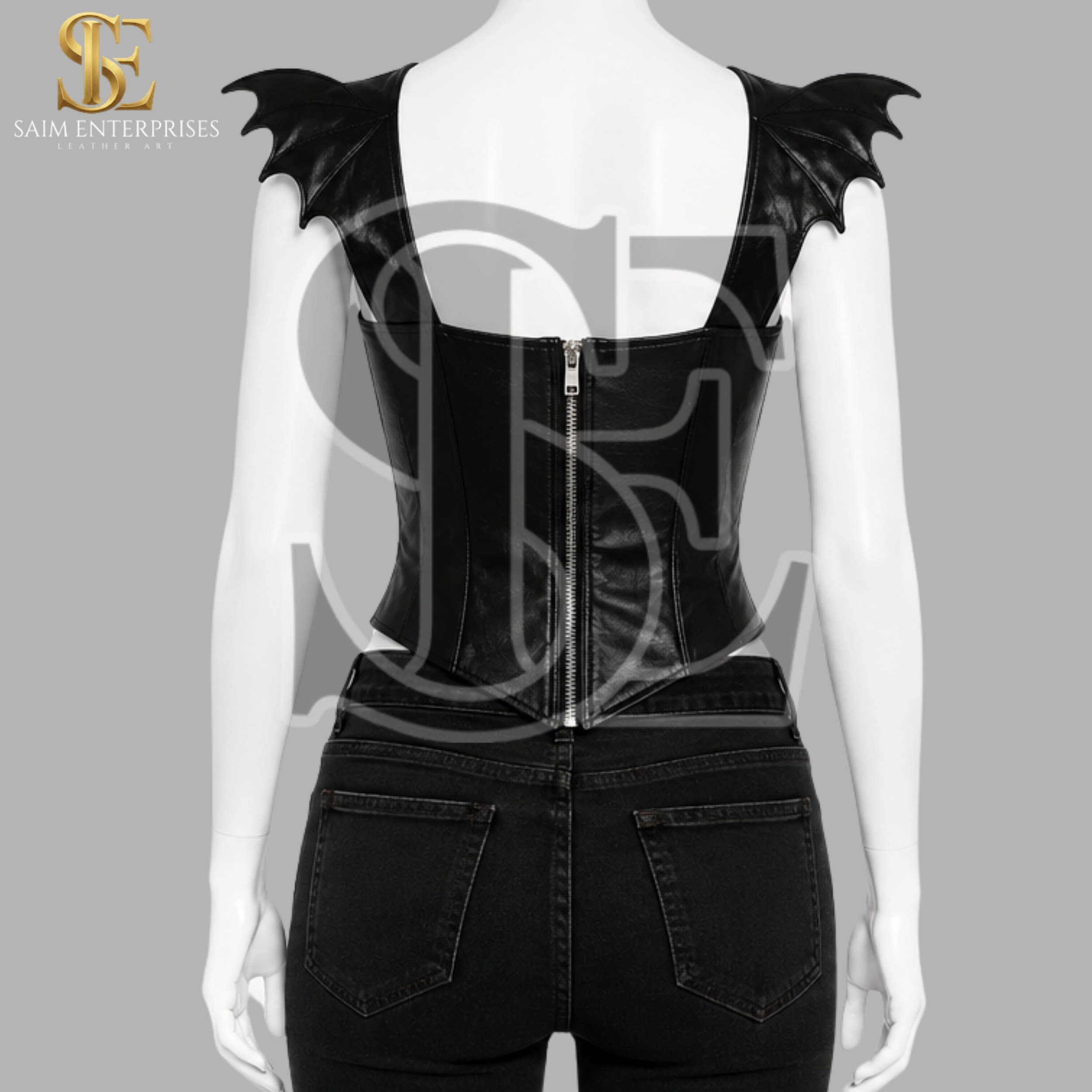 Women’s Black Sheep Leather Gothic Bat Wing Corset - Image 3