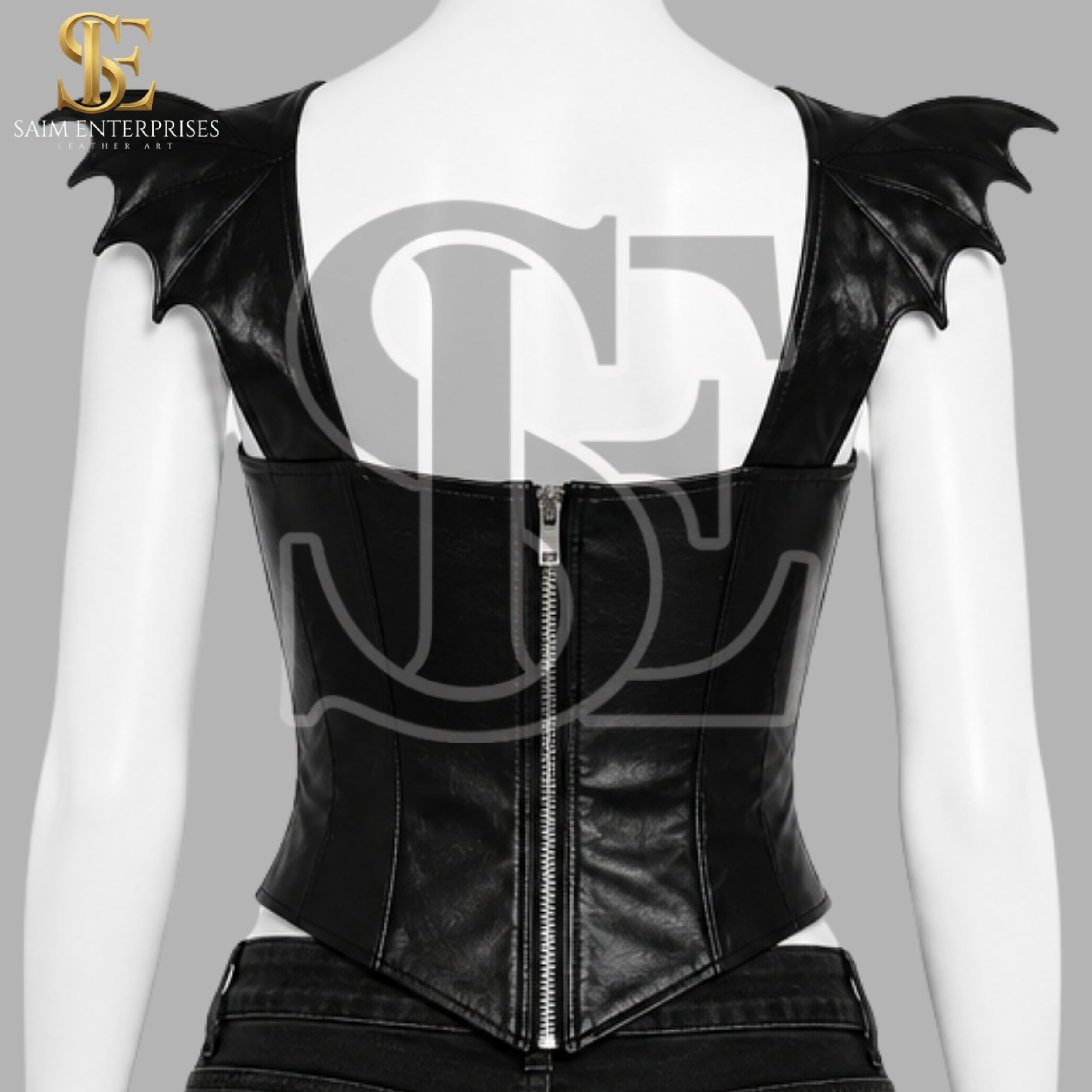 Women’s Black Sheep Leather Gothic Bat Wing Corset - Image 6