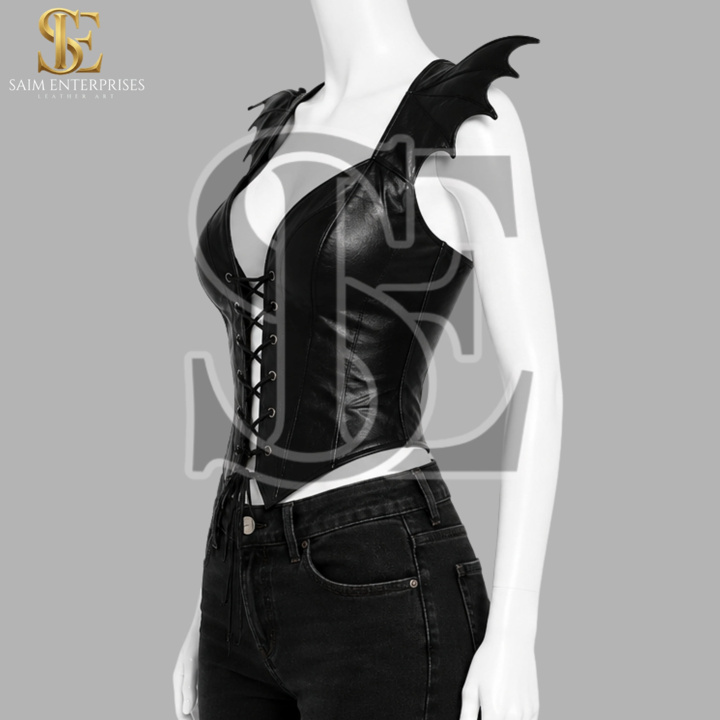 Women’s Black Sheep Leather Gothic Bat Wing Corset - Image 2