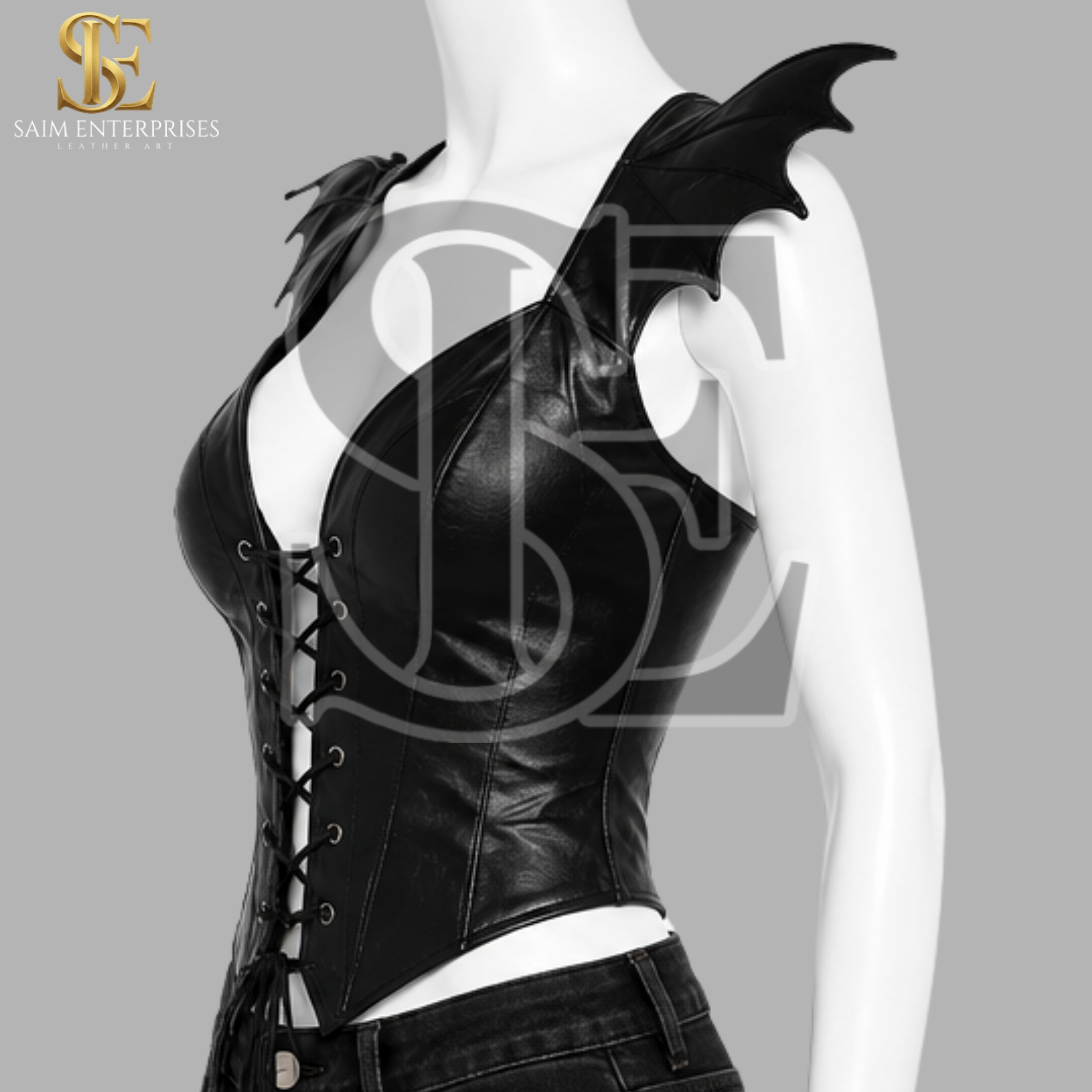 Women’s Black Sheep Leather Gothic Bat Wing Corset - Image 4