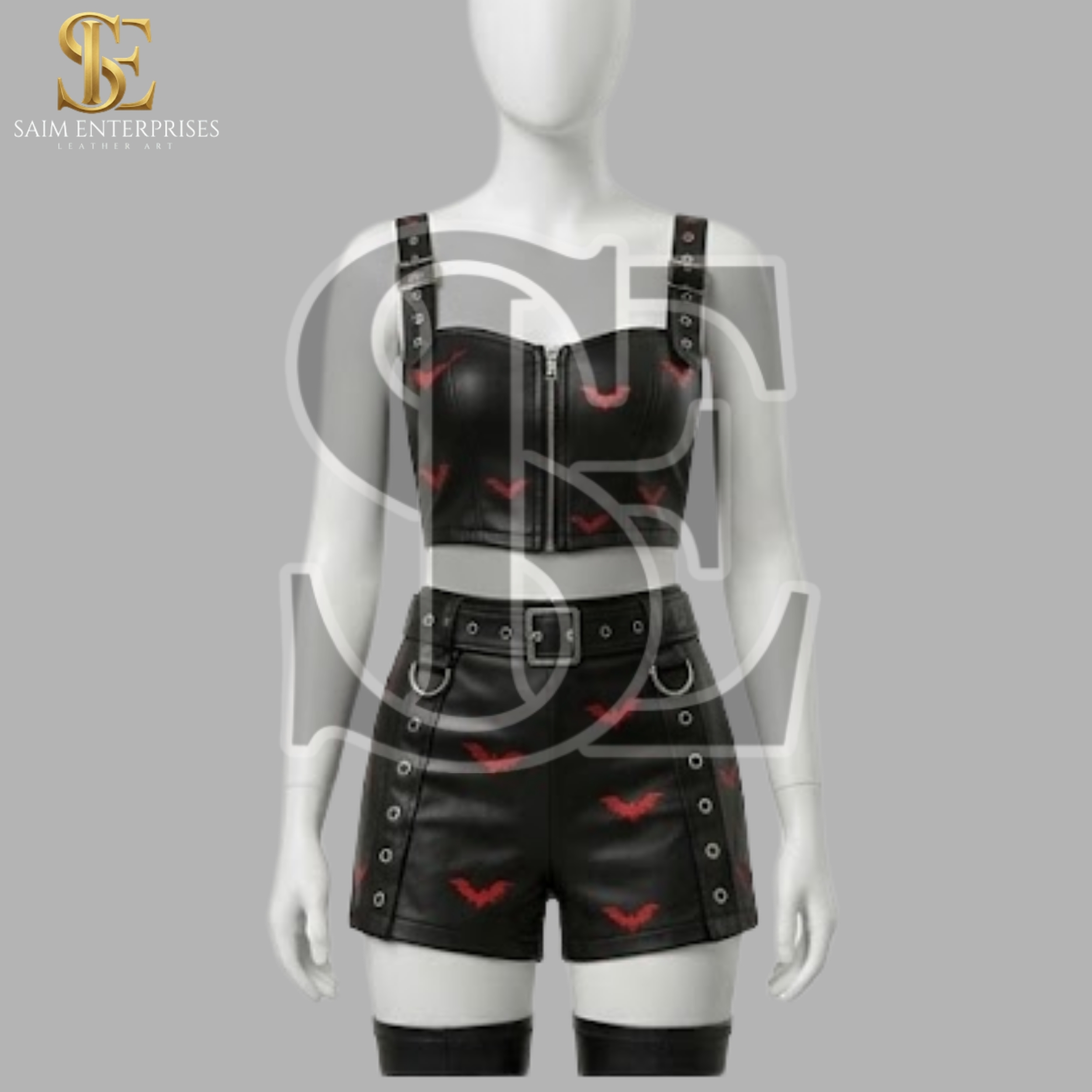 Custom Bat Print Gothic Leather Top & Shorts Set
