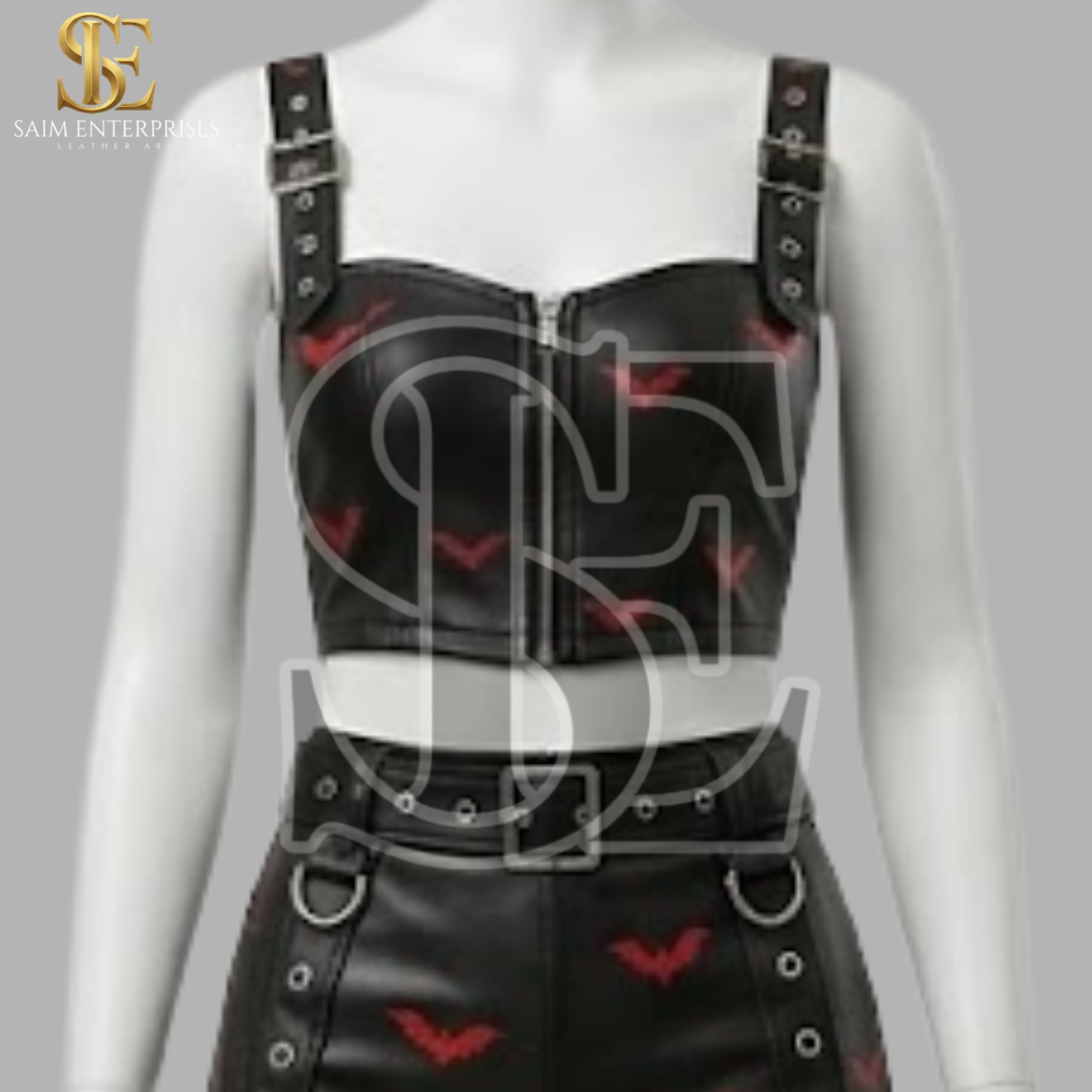 Custom Bat Print Gothic Leather Top & Shorts Set - Image 5