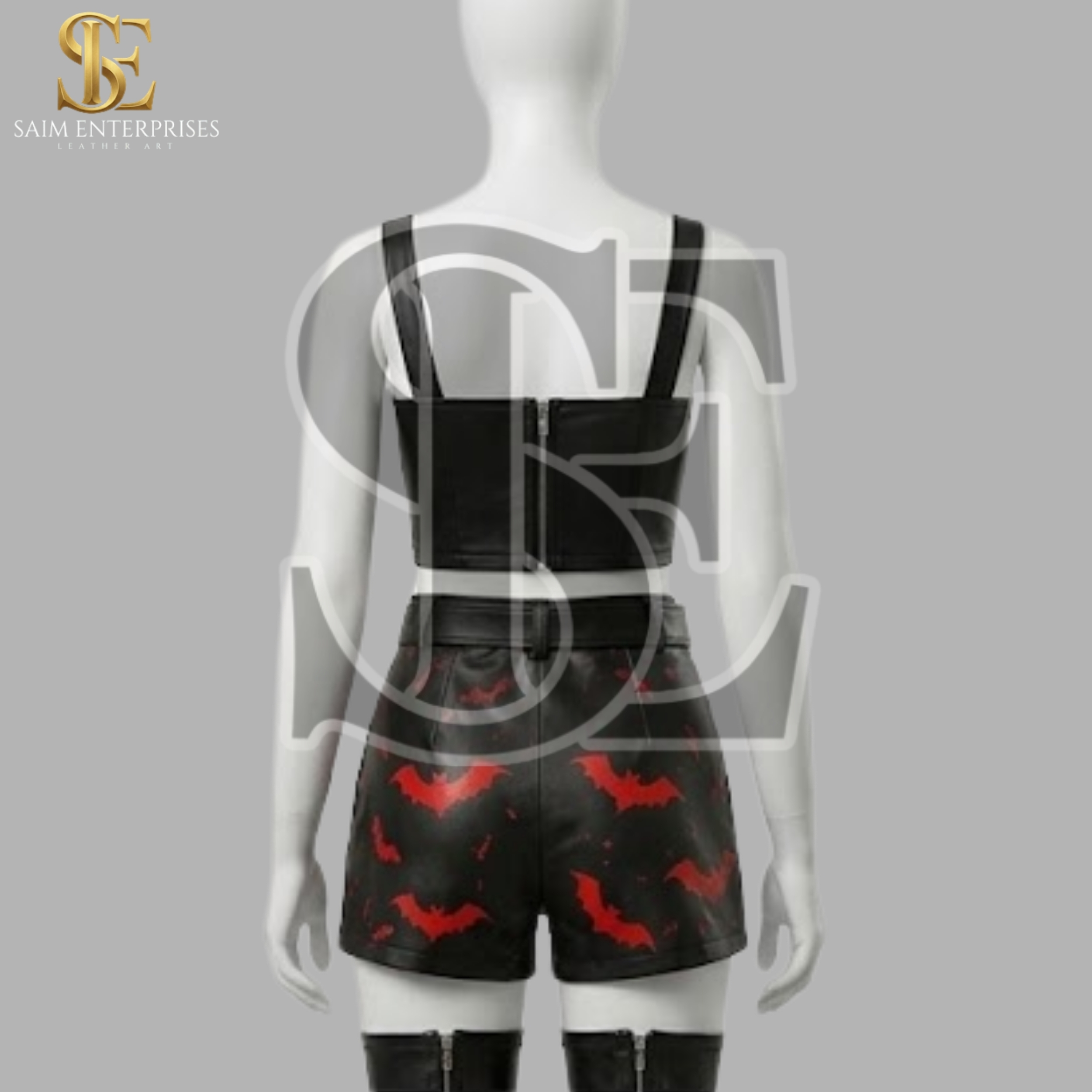 Custom Bat Print Gothic Leather Top & Shorts Set - Image 3
