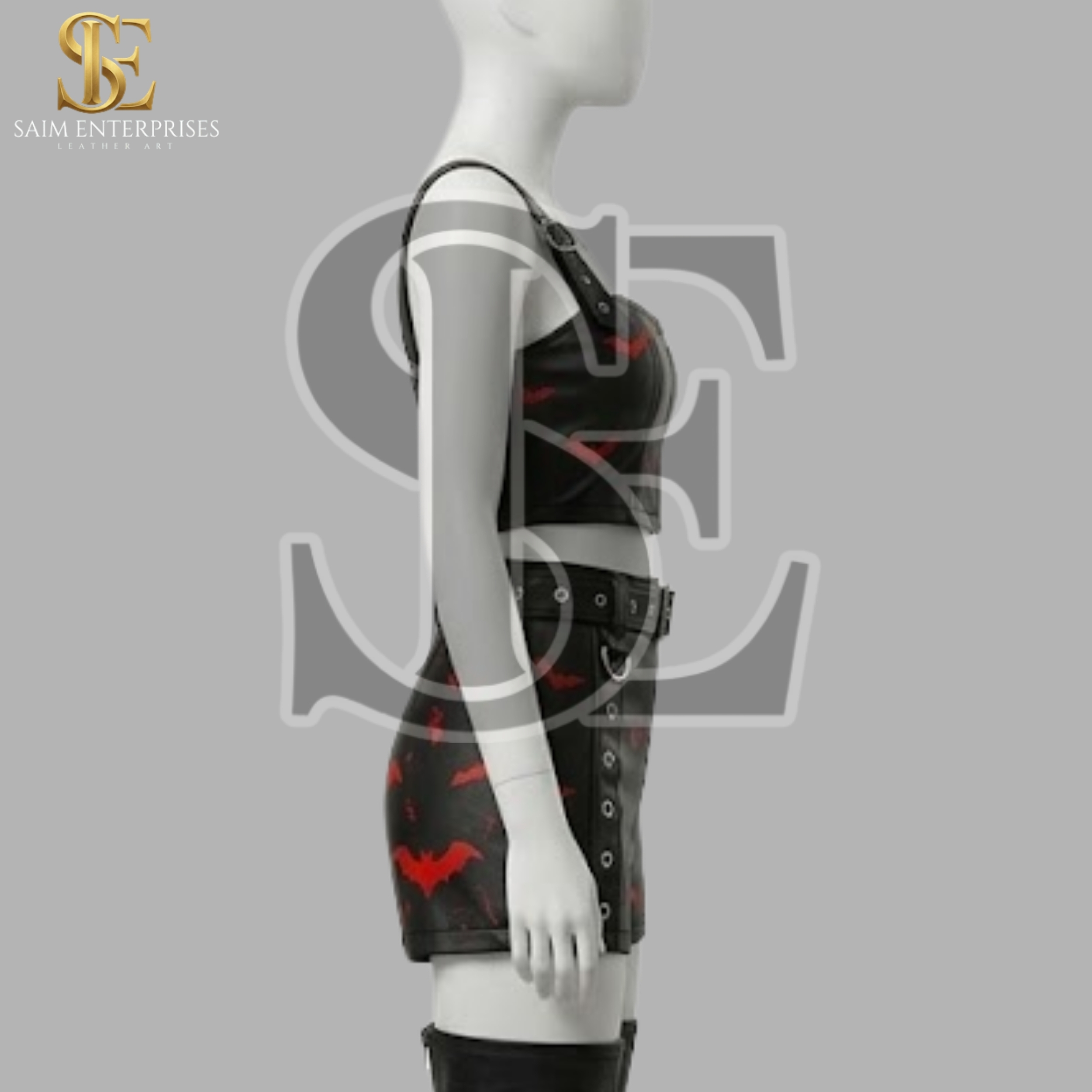 Custom Bat Print Gothic Leather Top & Shorts Set - Image 2