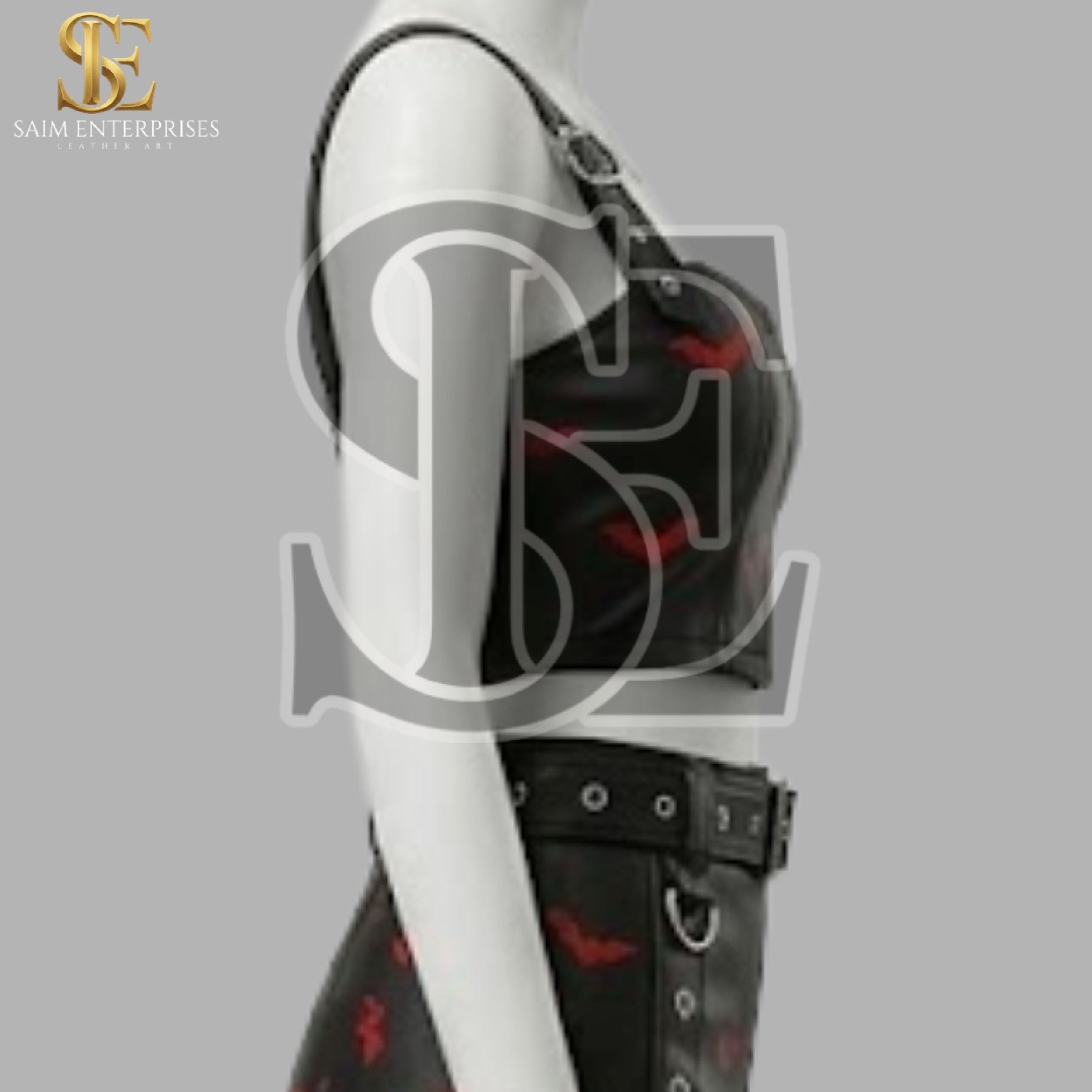 Custom Bat Print Gothic Leather Top & Shorts Set - Image 6