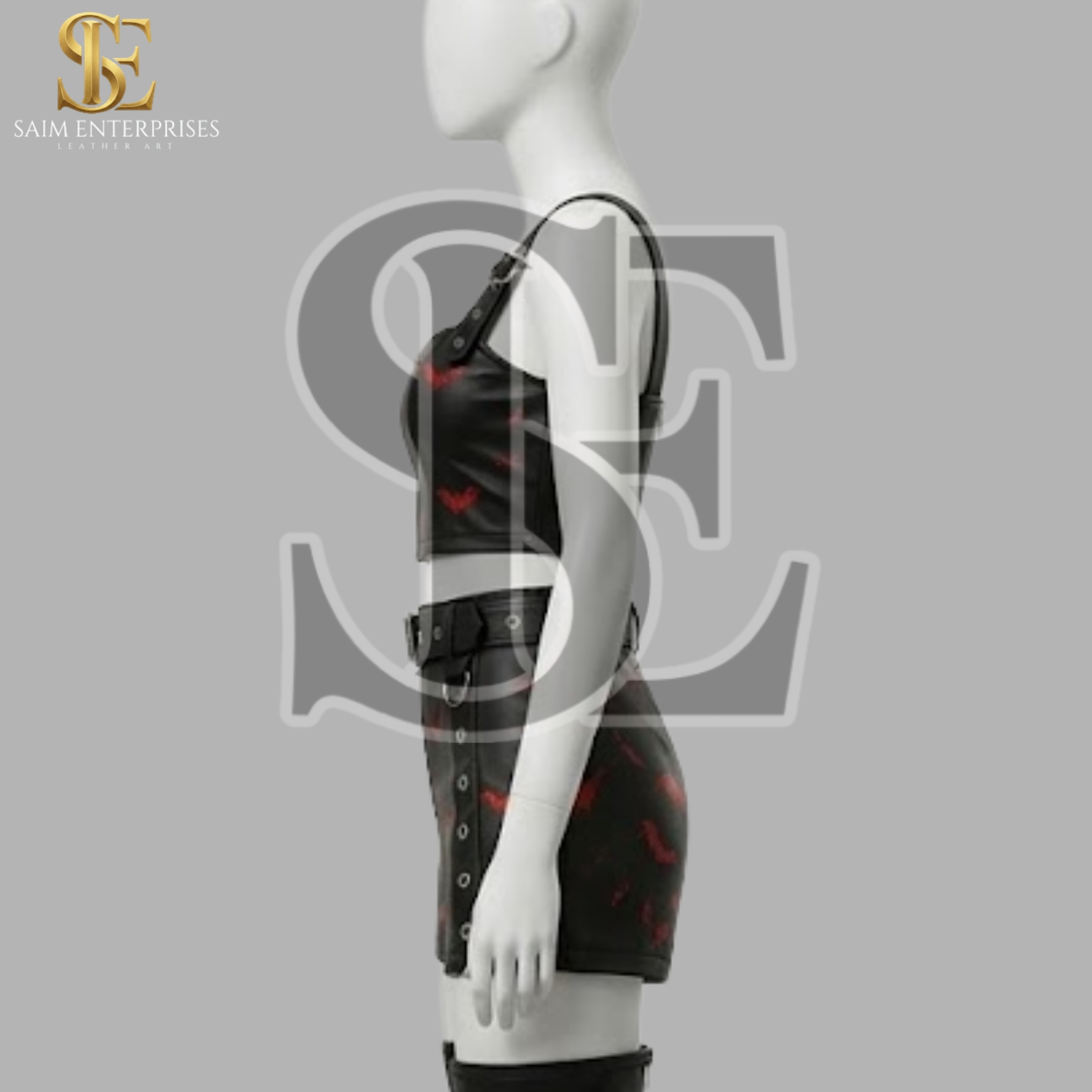 Custom Bat Print Gothic Leather Top & Shorts Set - Image 4