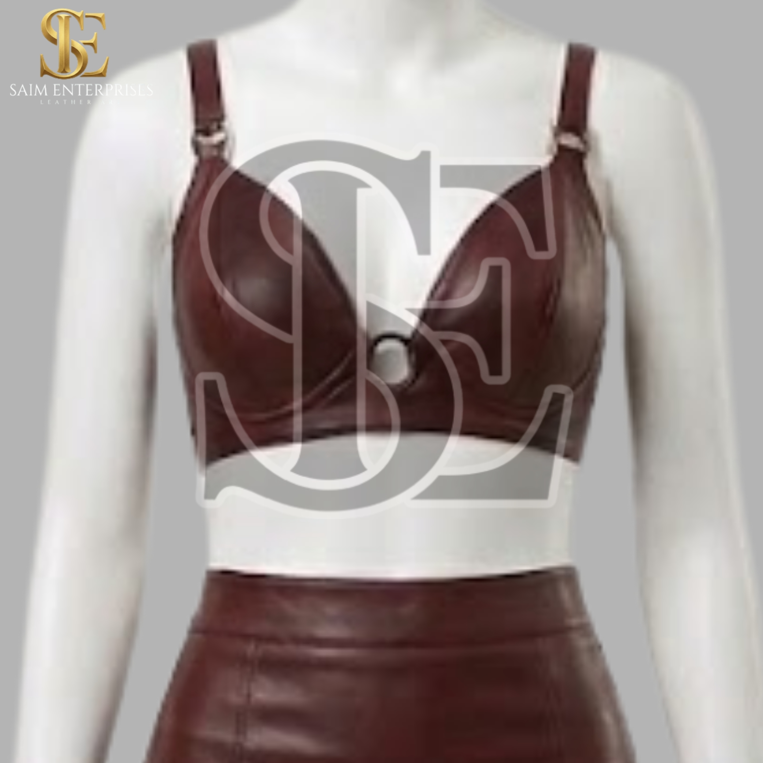 Women's Burgundy Leather Bra & Mini Skirt Set - Image 4