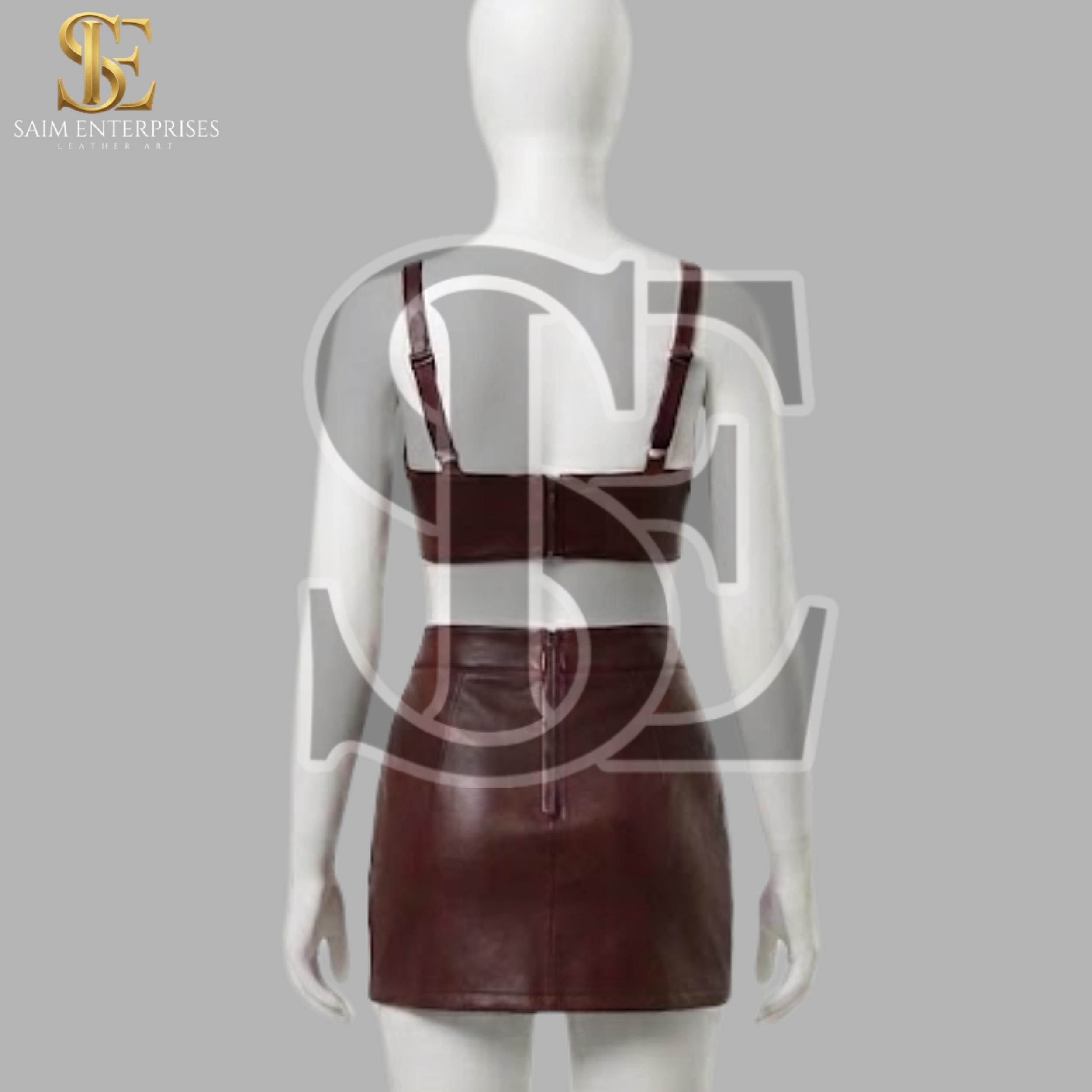 Women's Burgundy Leather Bra & Mini Skirt Set - Image 3