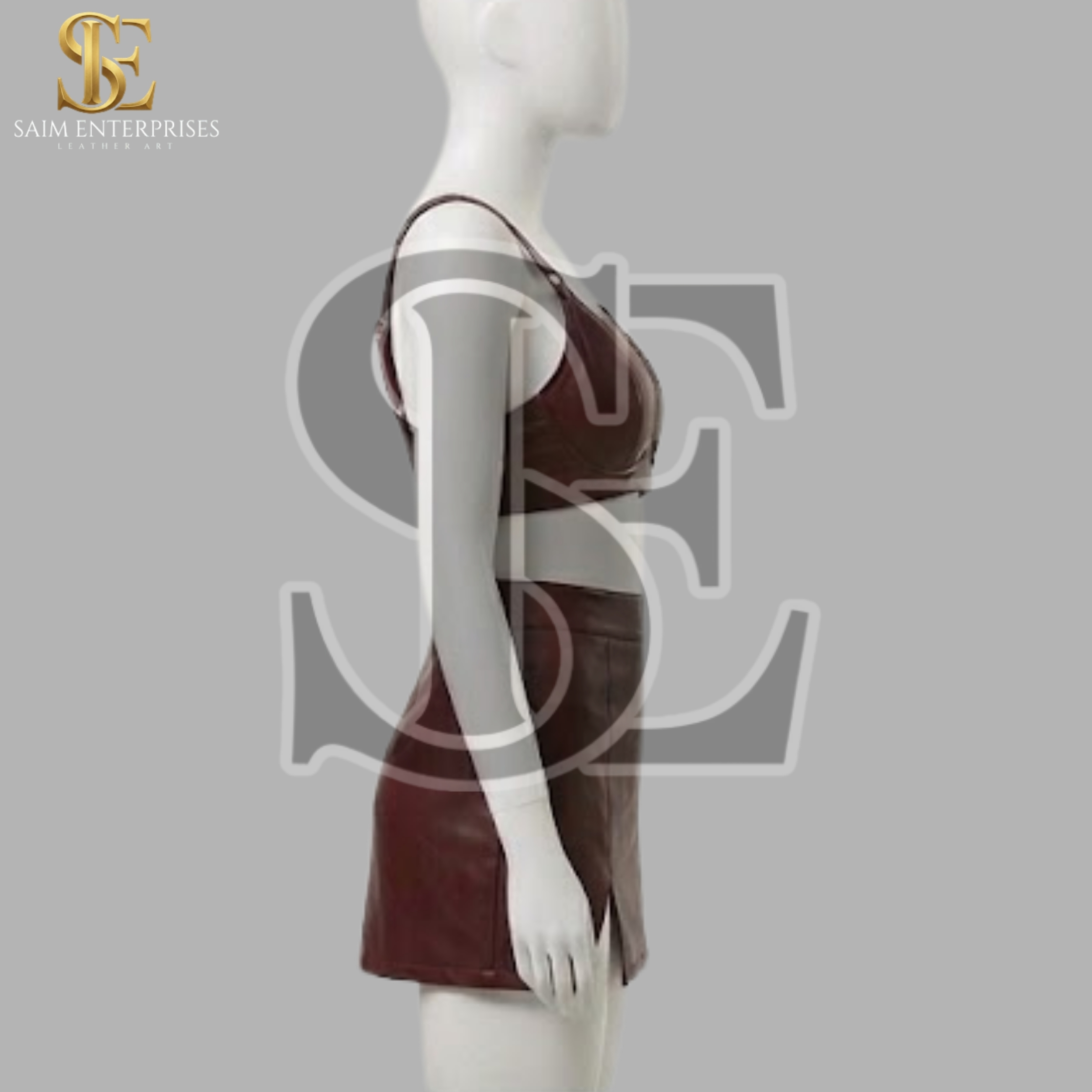 Women's Burgundy Leather Bra & Mini Skirt Set - Image 6
