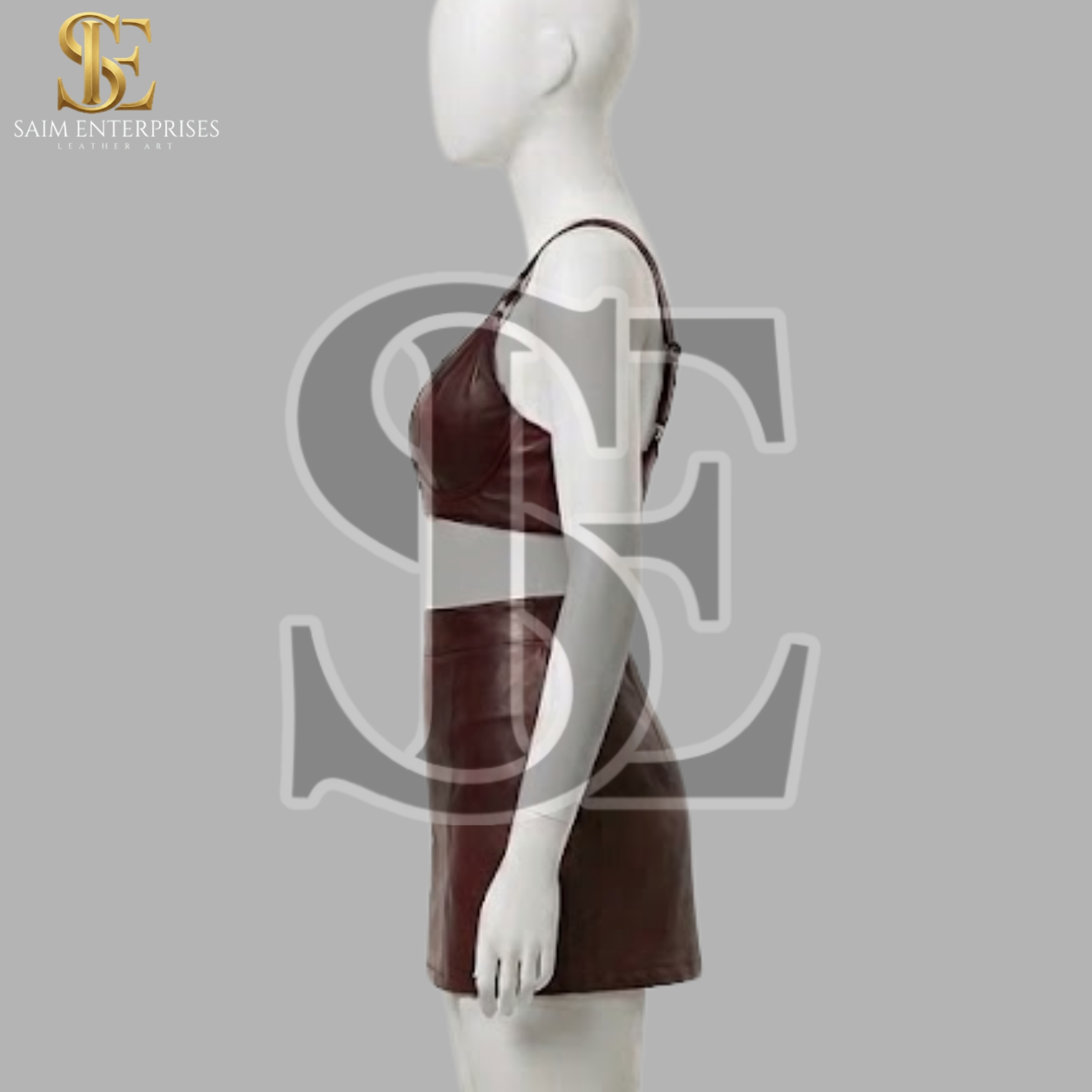 Women's Burgundy Leather Bra & Mini Skirt Set - Image 2