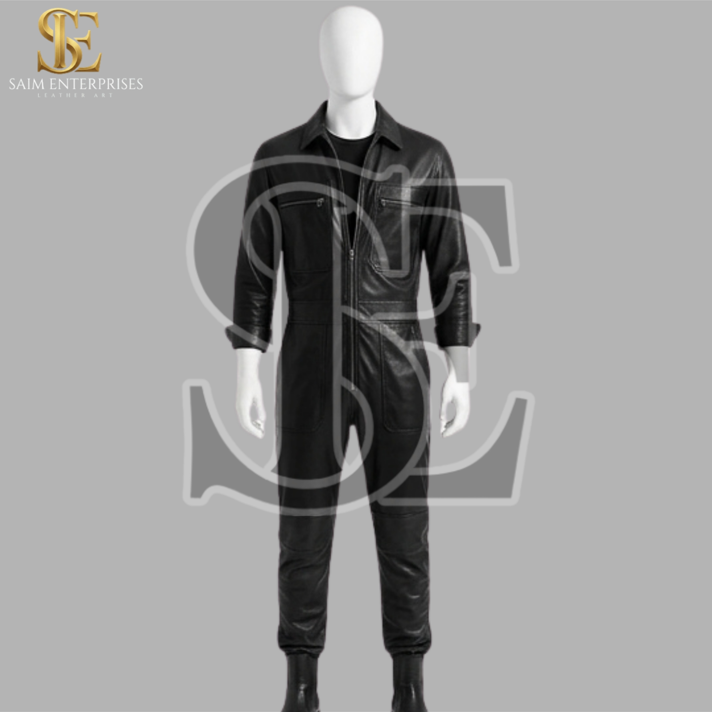 Handmade Men's Black Leather Biker Jumpsuit