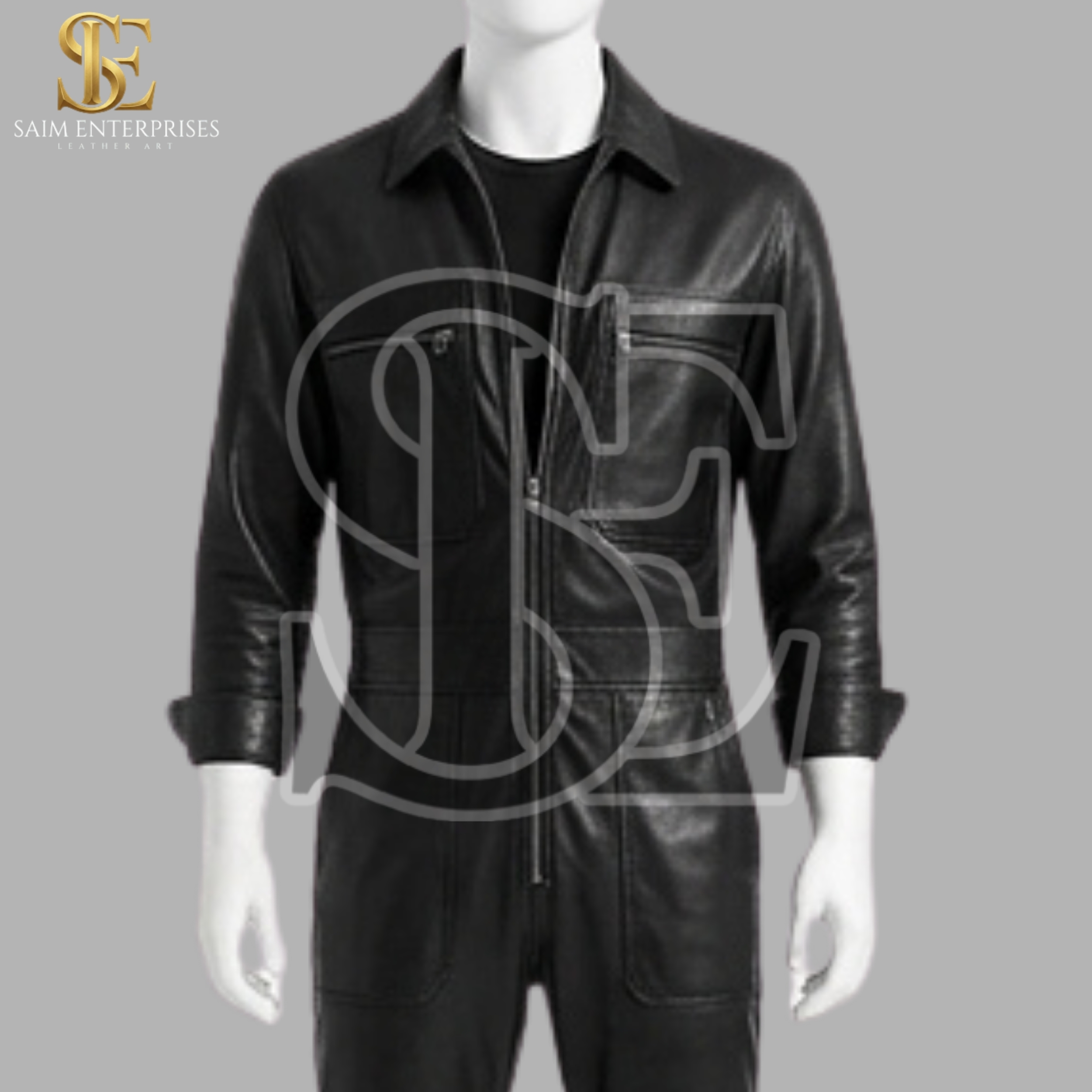 Handmade Men's Black Leather Biker Jumpsuit - Image 5