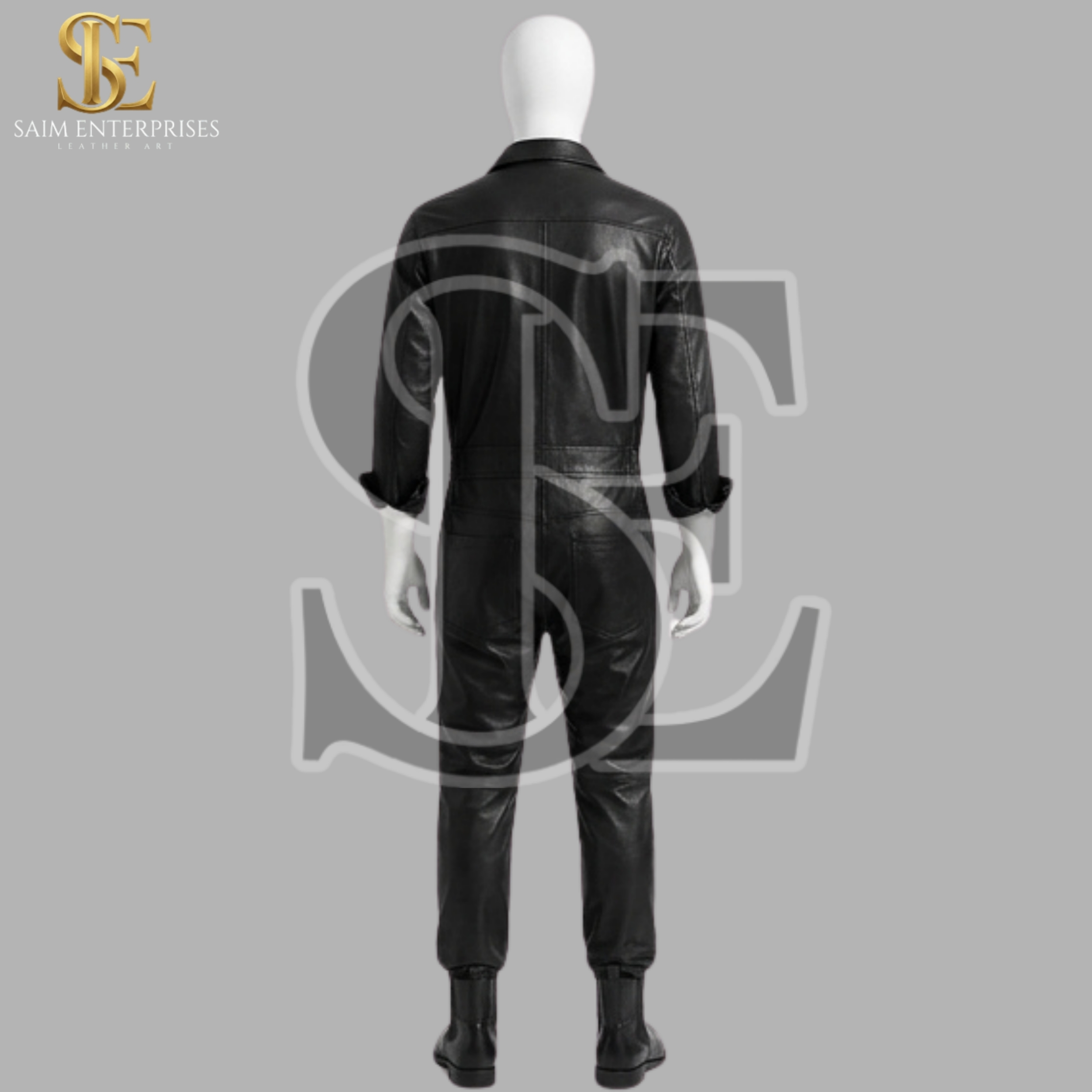 Handmade Men's Black Leather Biker Jumpsuit - Image 3