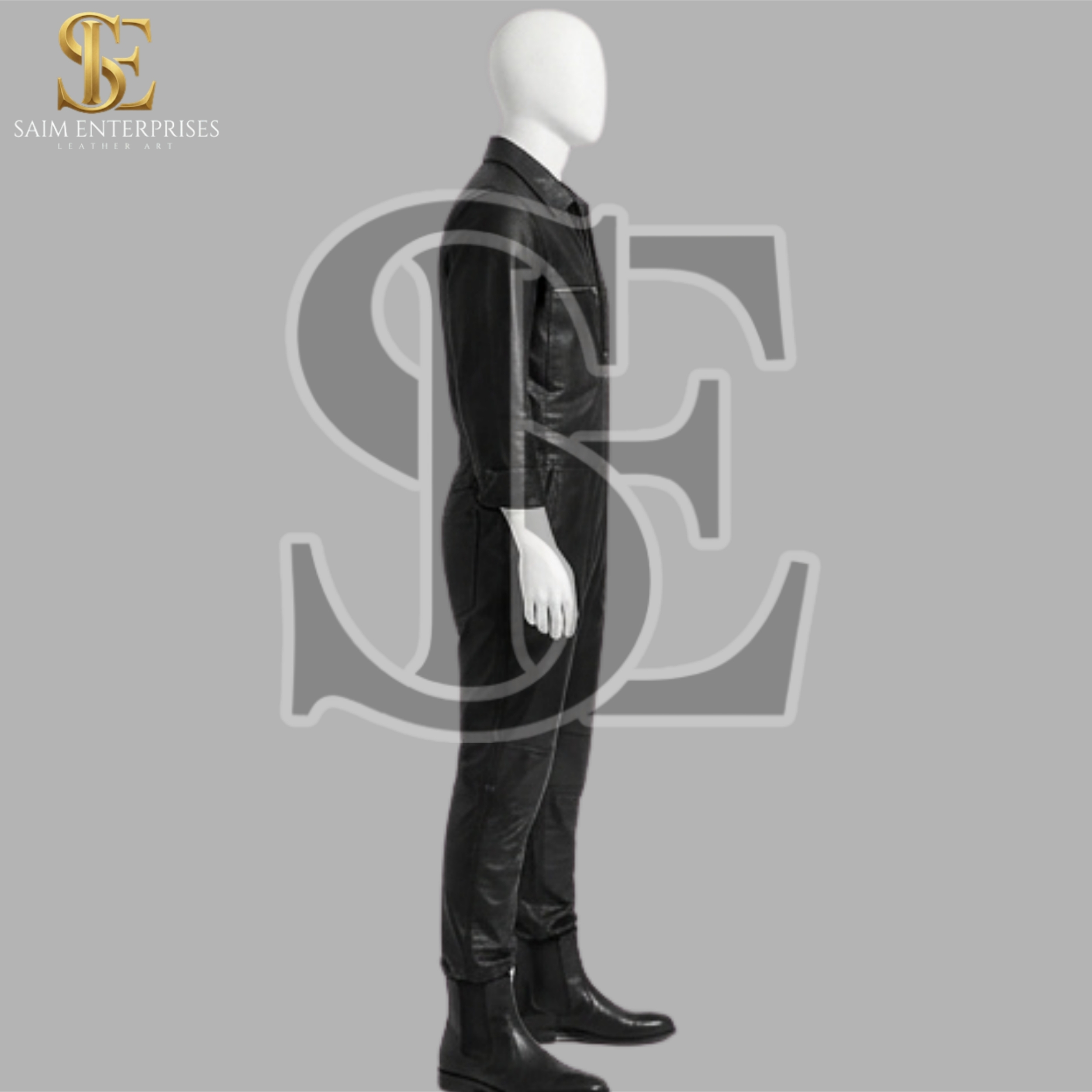Handmade Men's Black Leather Biker Jumpsuit - Image 4