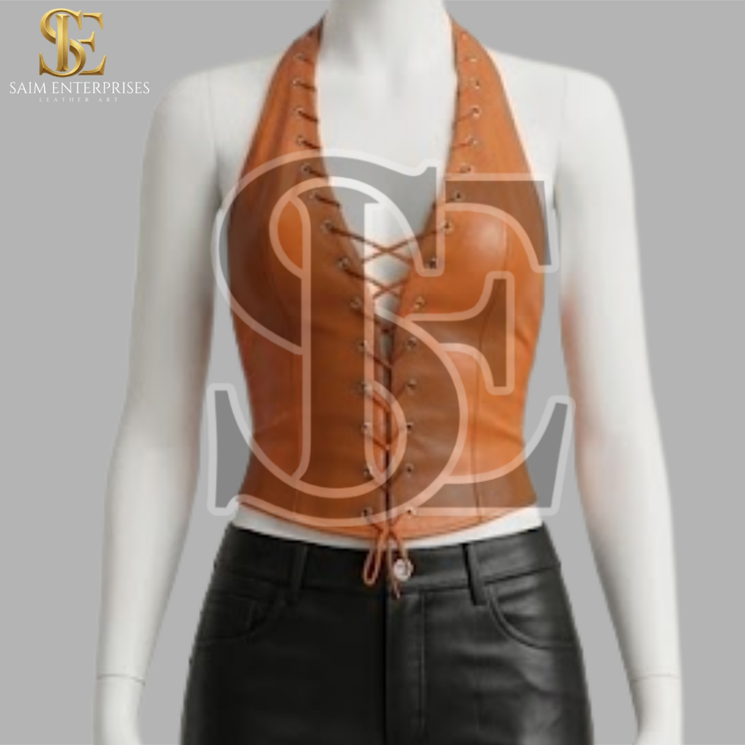 Orange Leather Lace Up Halter Corset Top - Image 5