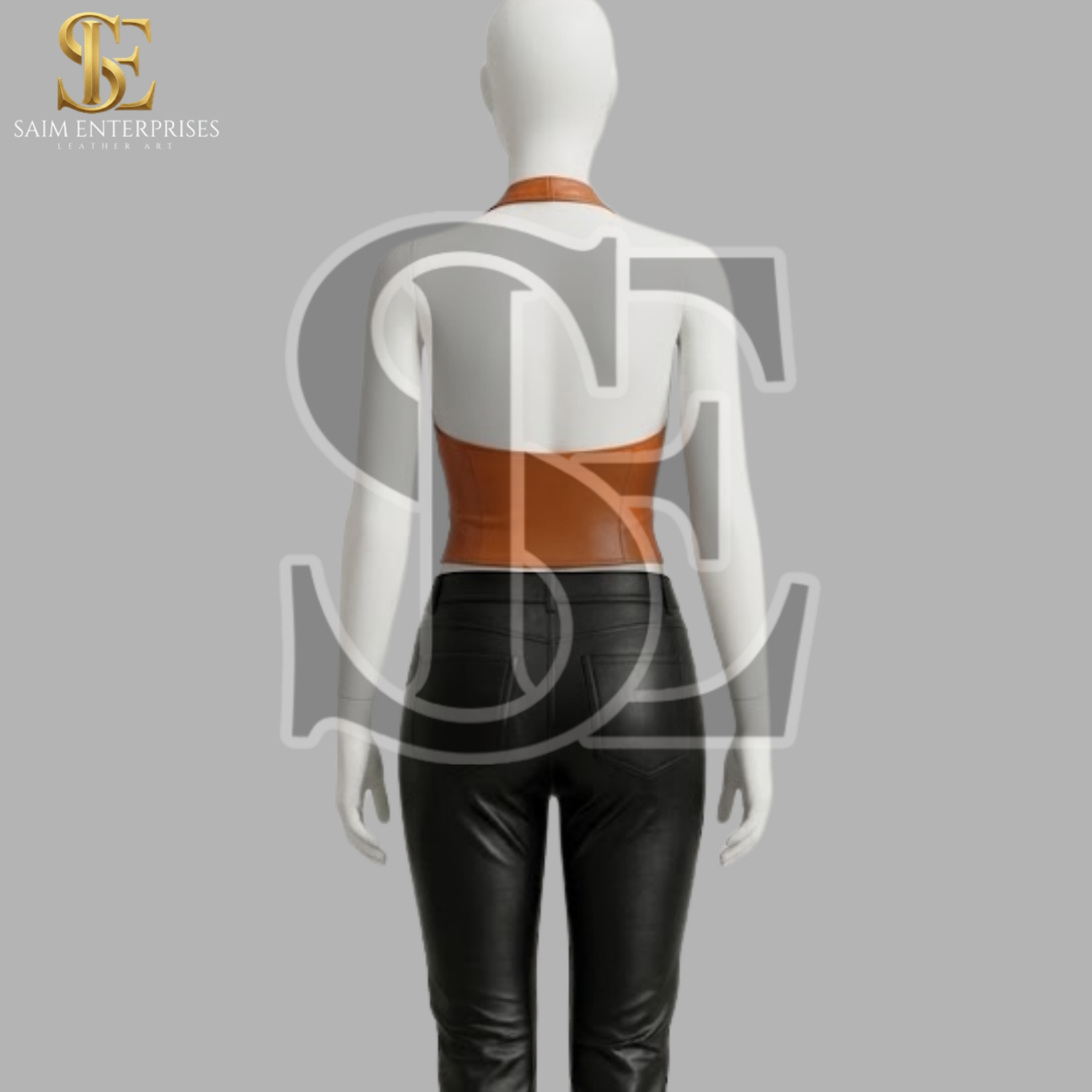Orange Leather Lace Up Halter Corset Top - Image 3