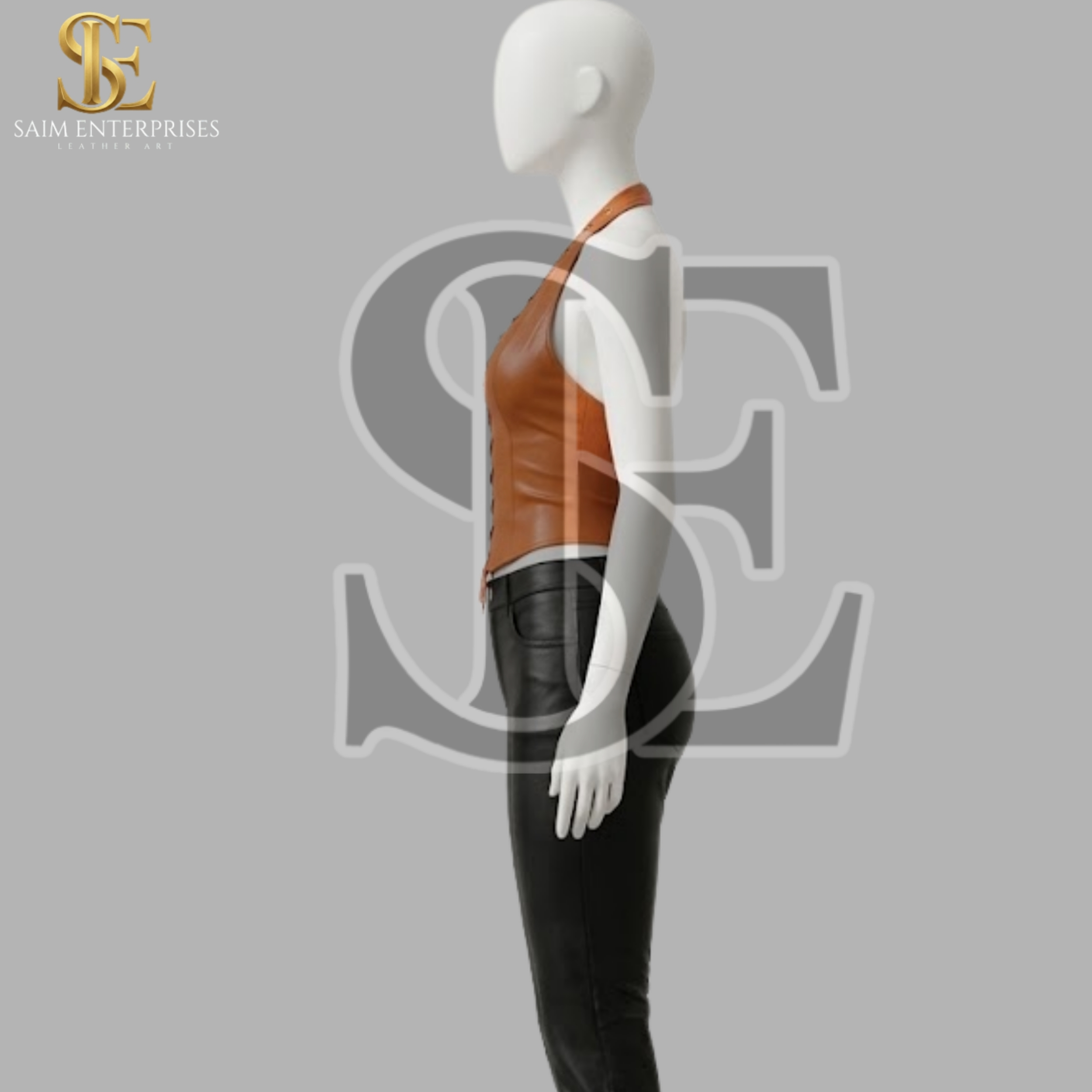 Orange Leather Lace Up Halter Corset Top - Image 2