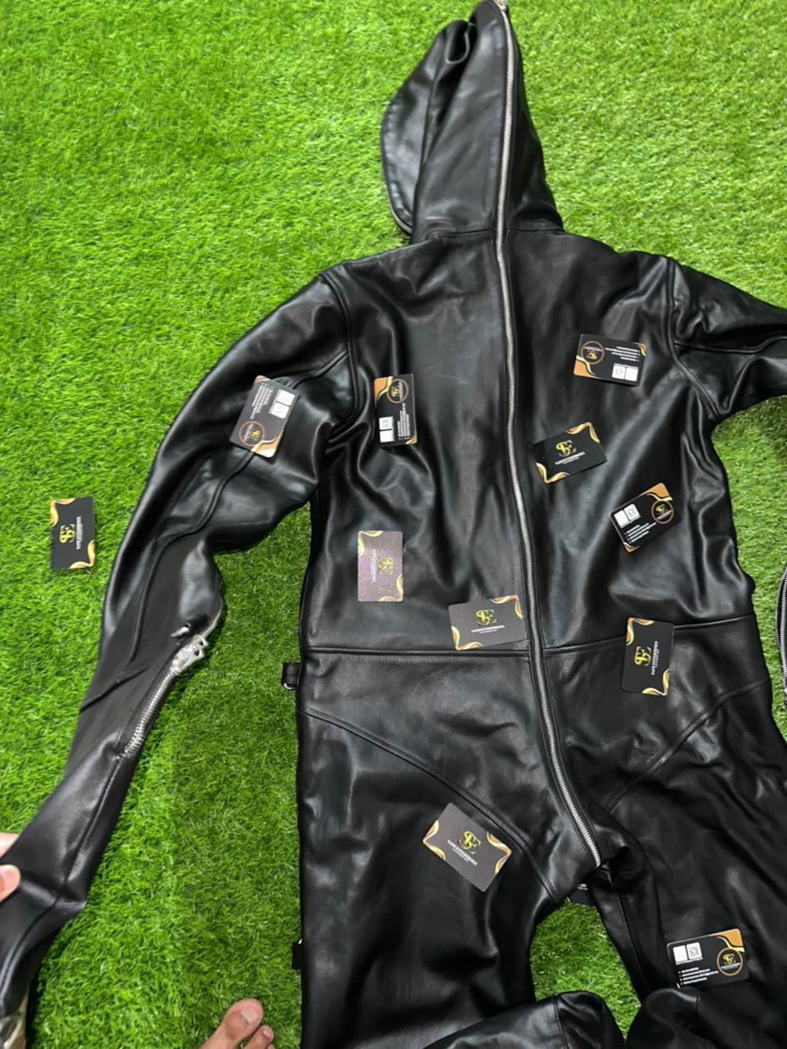 Handmade Black Padded Sheepskin Leather Catsuit - Image 9