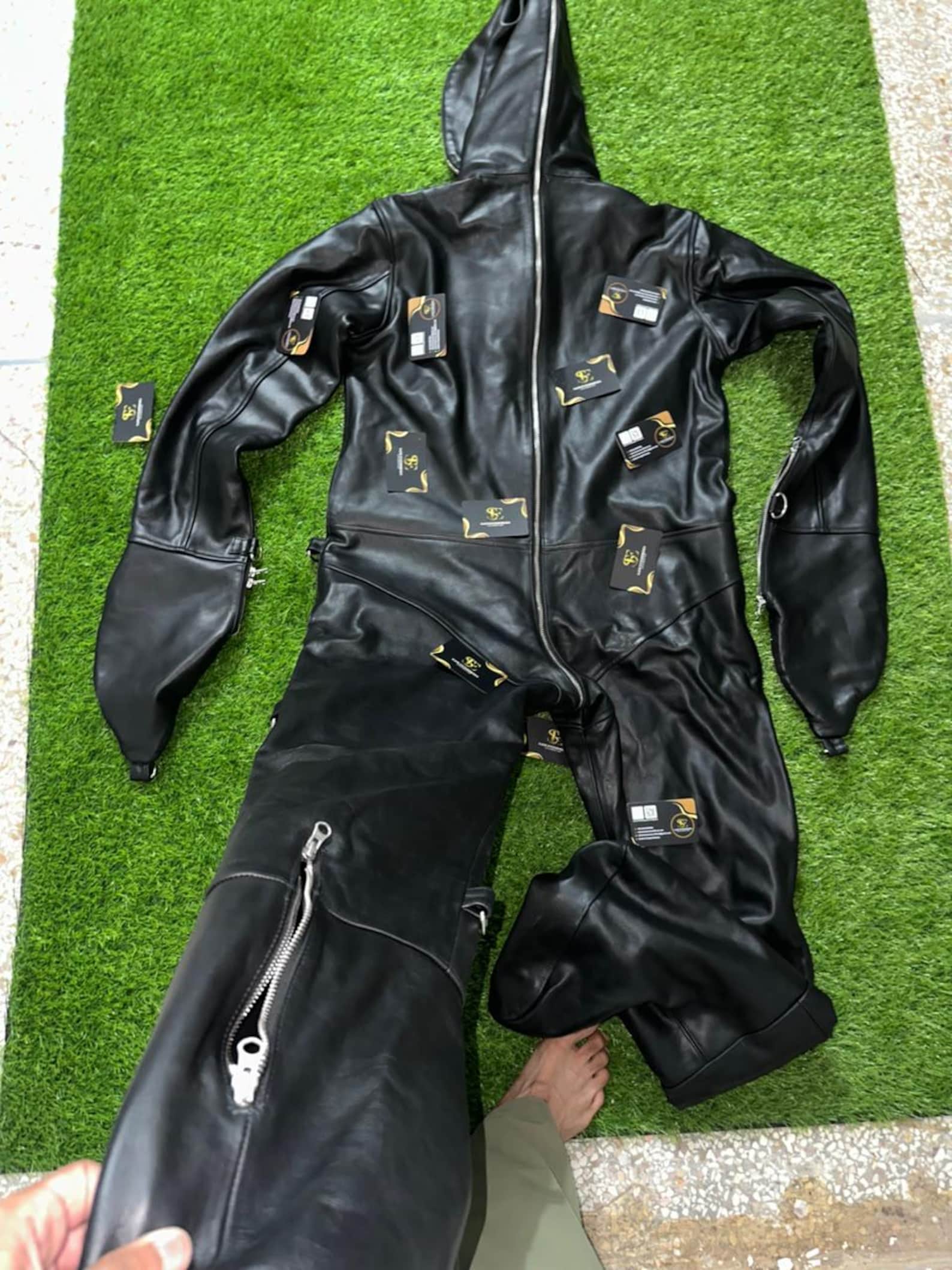 Handmade Black Padded Sheepskin Leather Catsuit - Image 11